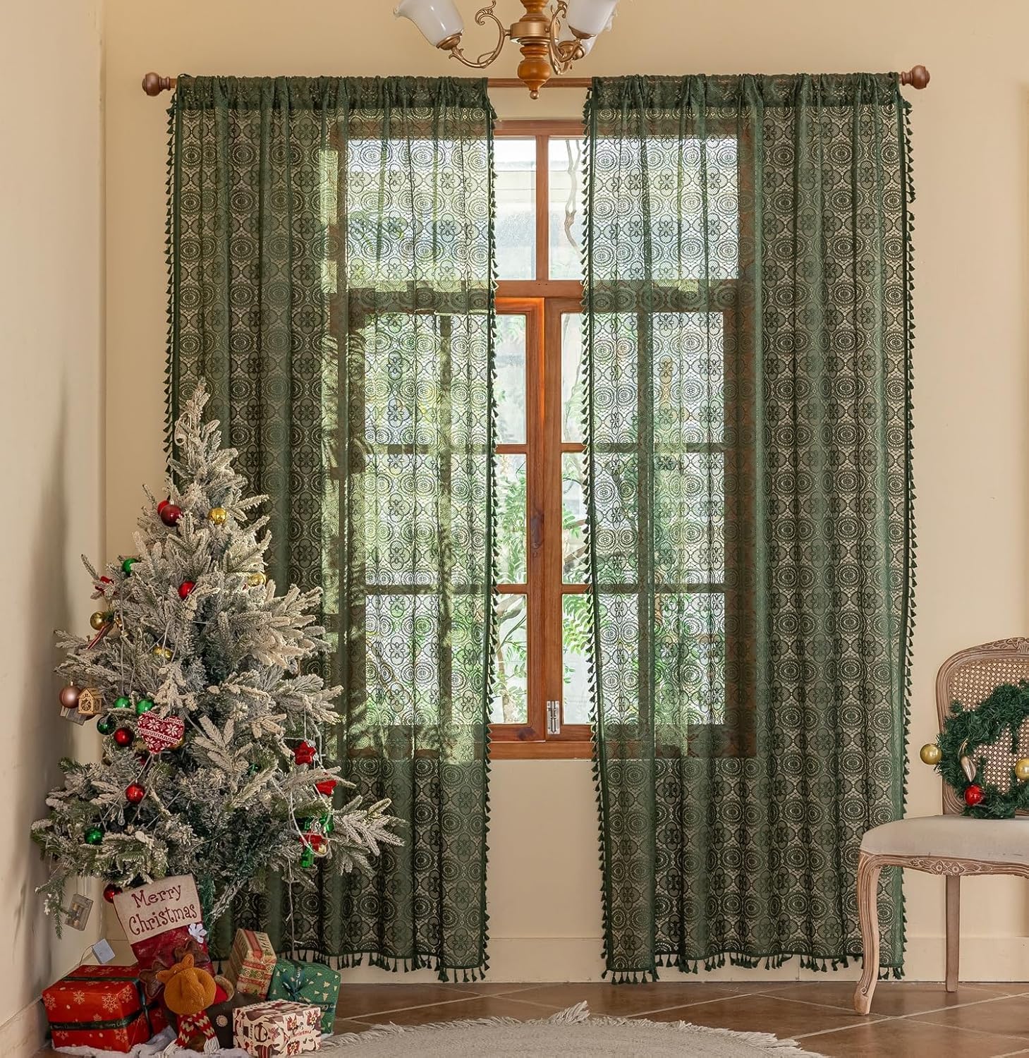 YJ YANJUN Boho Lace Curtains 90 inches Long 2 Panels -Vintage Floral Crochet Sheer Panels with Tassel for Living Room Bedroom Light Filtering Cottagecore Bohemian Drapes Dark Green W59 x L90