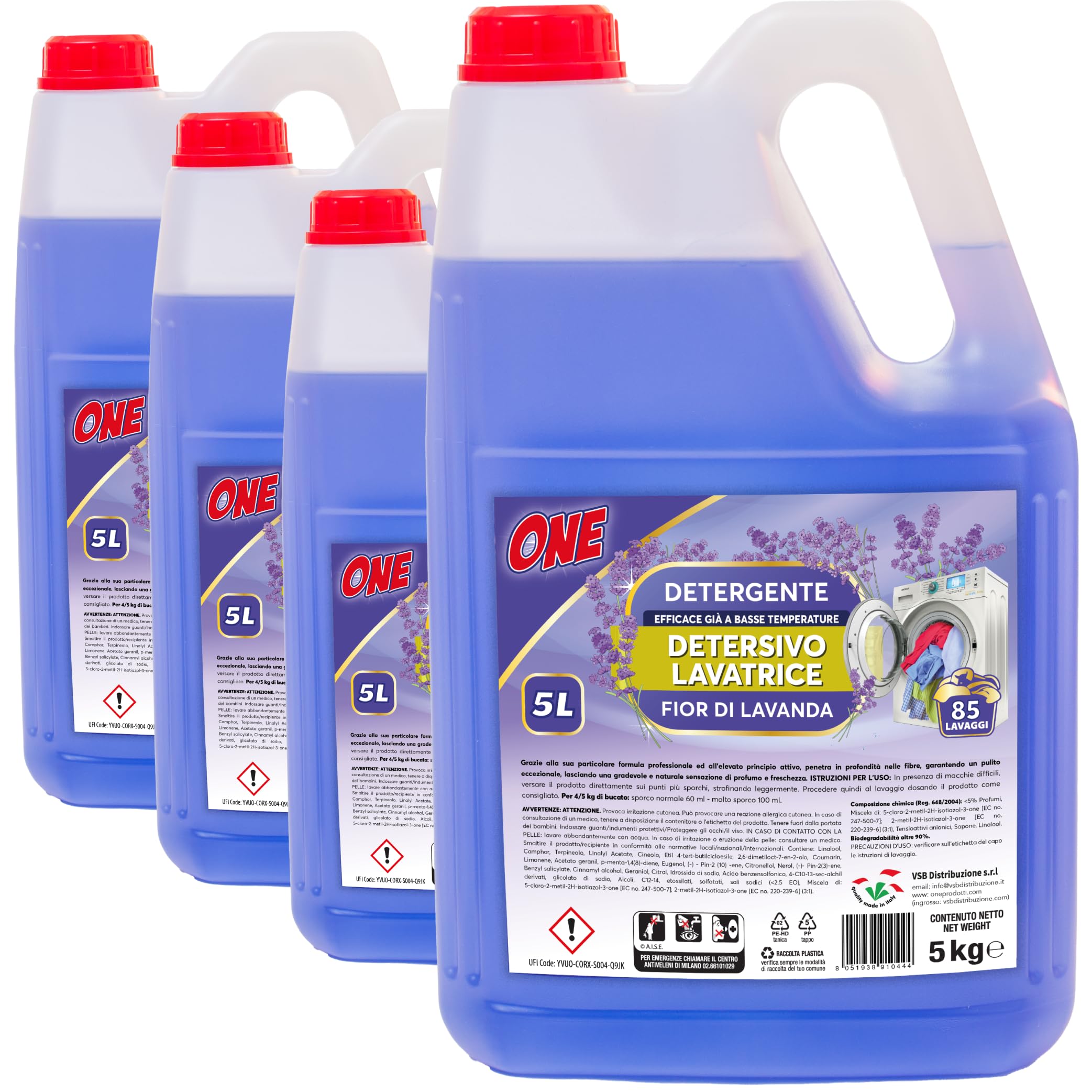 ONE - 20 Litri di detersivo liquido LAVATRICE ai FIOR DI LAVANDA (Pacco con 4 x taniche da 5 lt ciascuna - 85 lavaggi per tanica) - Detergente liquido efficace gia' a basse temperature.