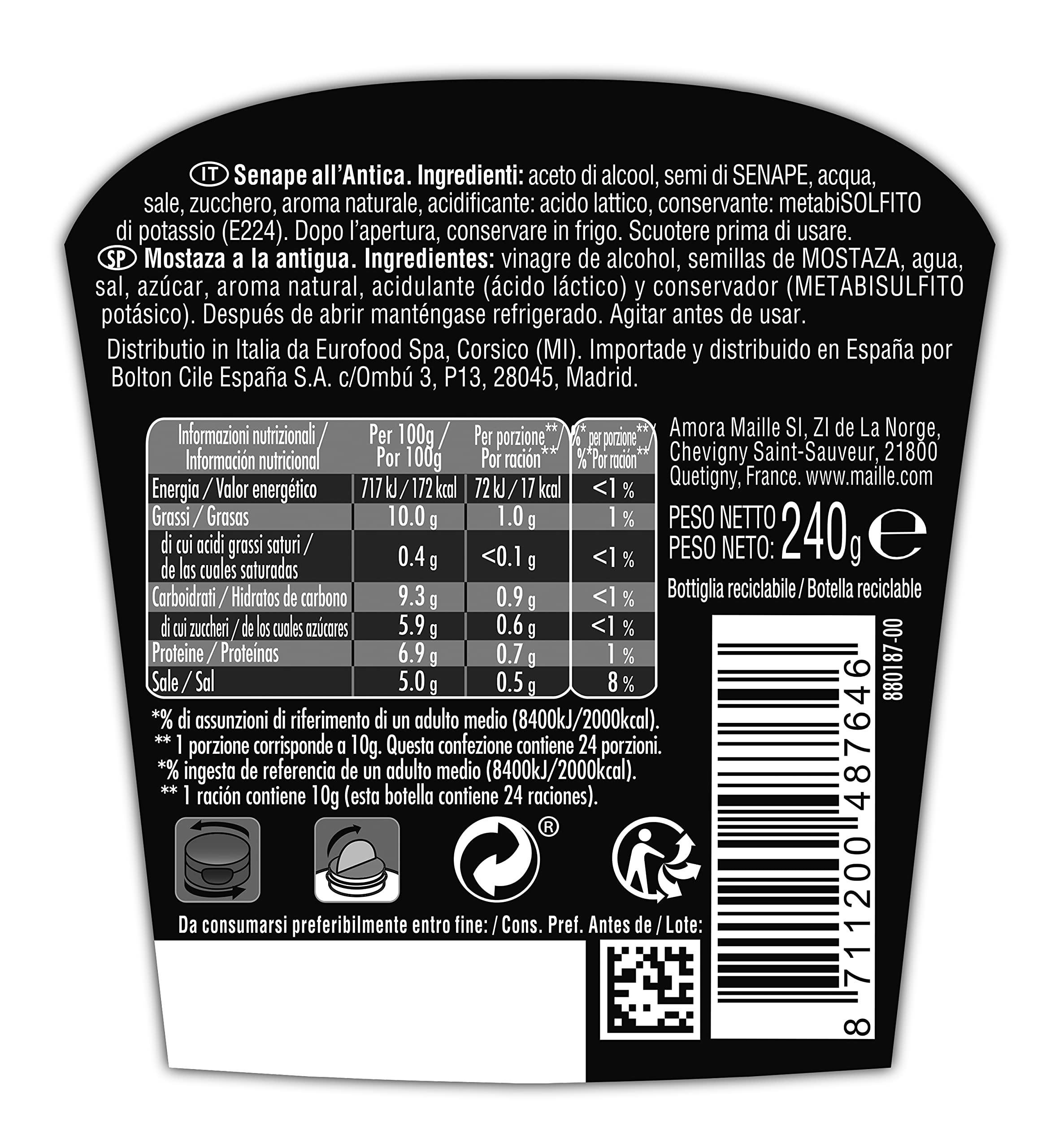 Maille Mostaza A La Antigua, Auténtica Mostaza Francesa Tradicional Granulada, Squeeze 240 ml