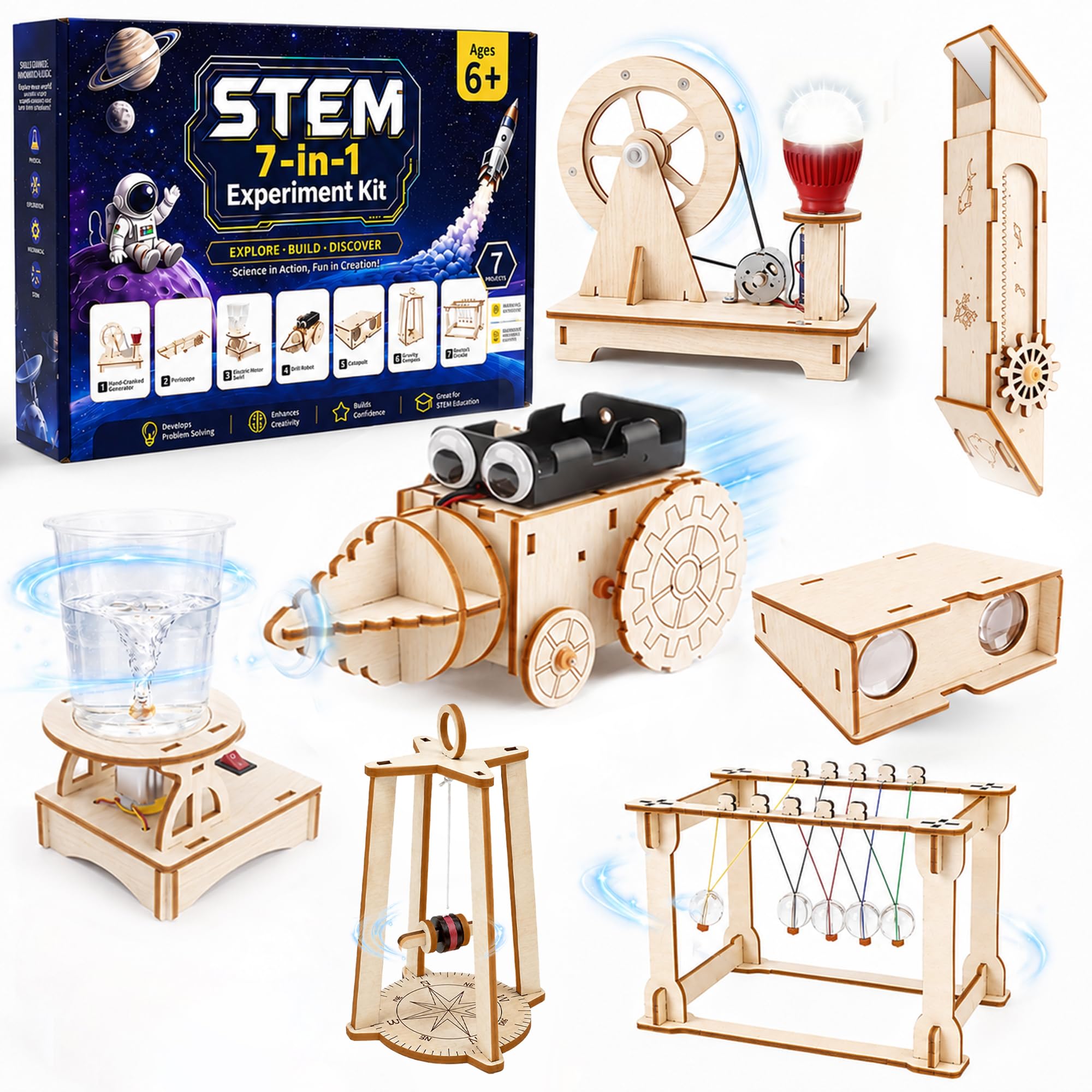 Experimente für Kinder 6+, 7 in 1 Holzbausatz Kinder Experimentierkasten 8 | Elektronik Bausatz, STEM Spielzeug Baukasten für Kinder, Geschenk Geburtstag & Weihnachten ab 6 7 8 9 10 11 12 Jahre Jungen