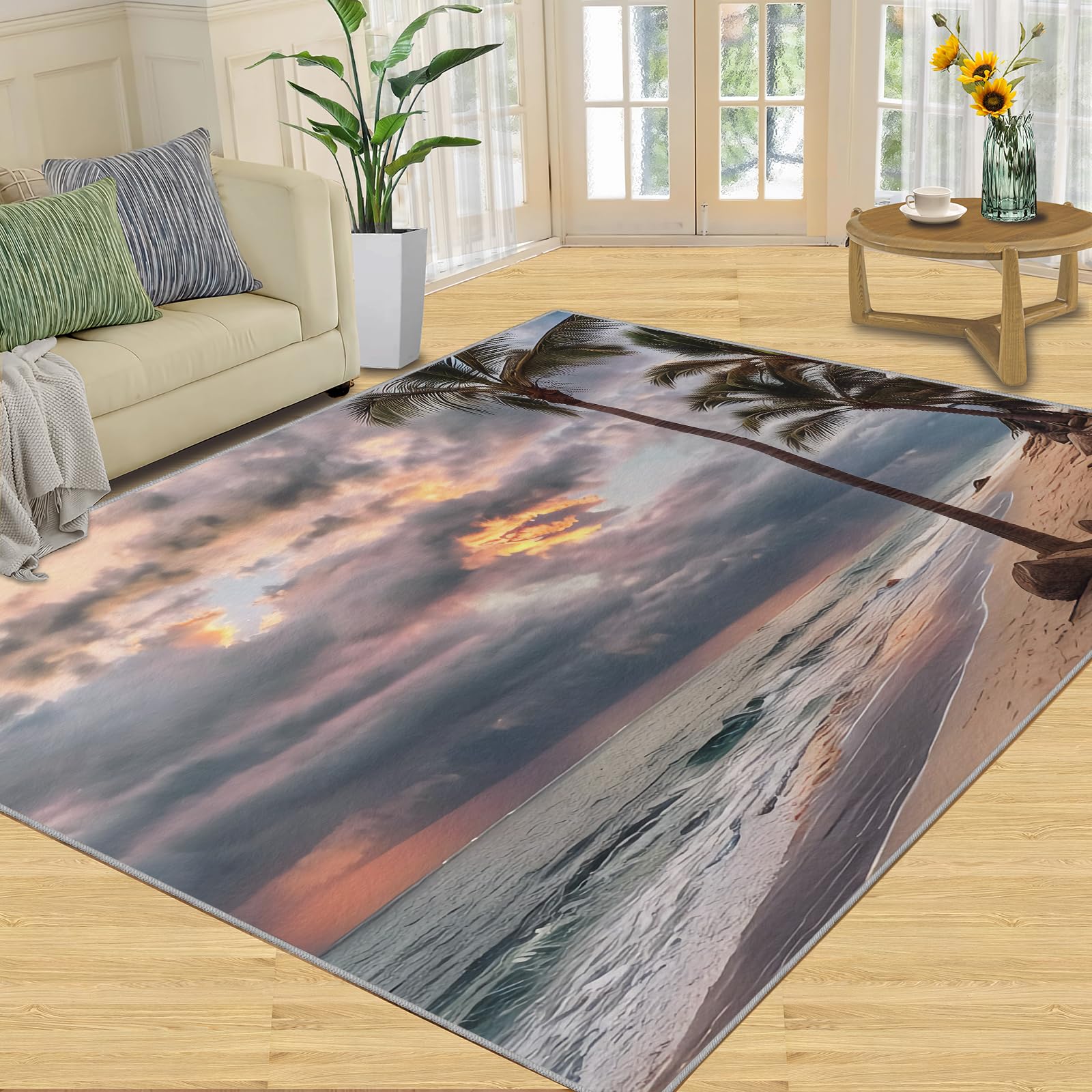 QDJKBL Hawaii Seaside Beach Coconut Trees, Washable Rug 150 X 240 Cm Sky Dark Clouds Tides Natural Scenery Indoor Rug, Carpet Mat Short Velvet for Hardwood Floors