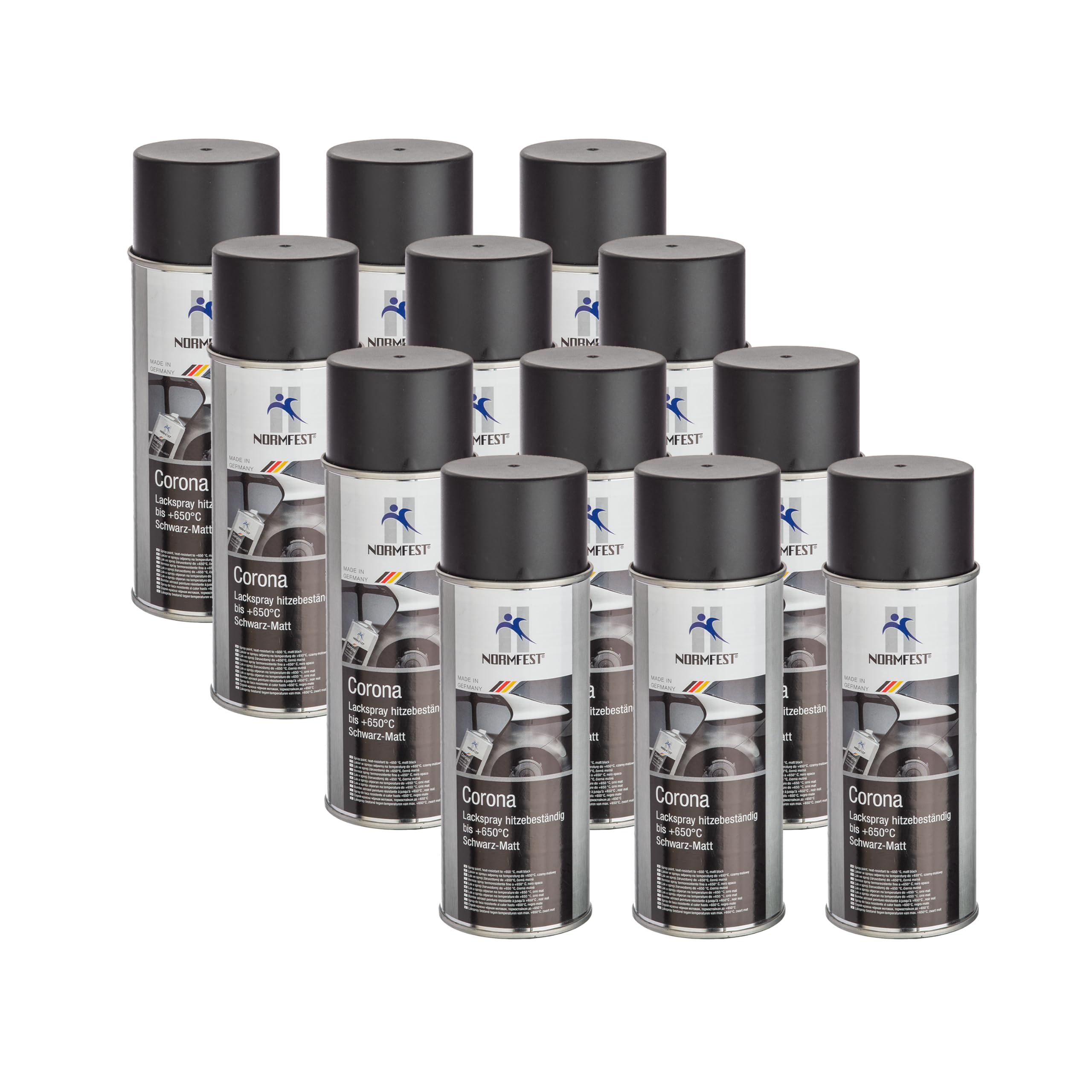 Normfest Lackspray Corona Schwarz Matt – Hitzebeständiger Speziallack bis 650 °C, schnelltrocknend, kratz- und witterungsbeständig, ideal für Auspuff, Motor & Bremsenteile – 12x 400ml