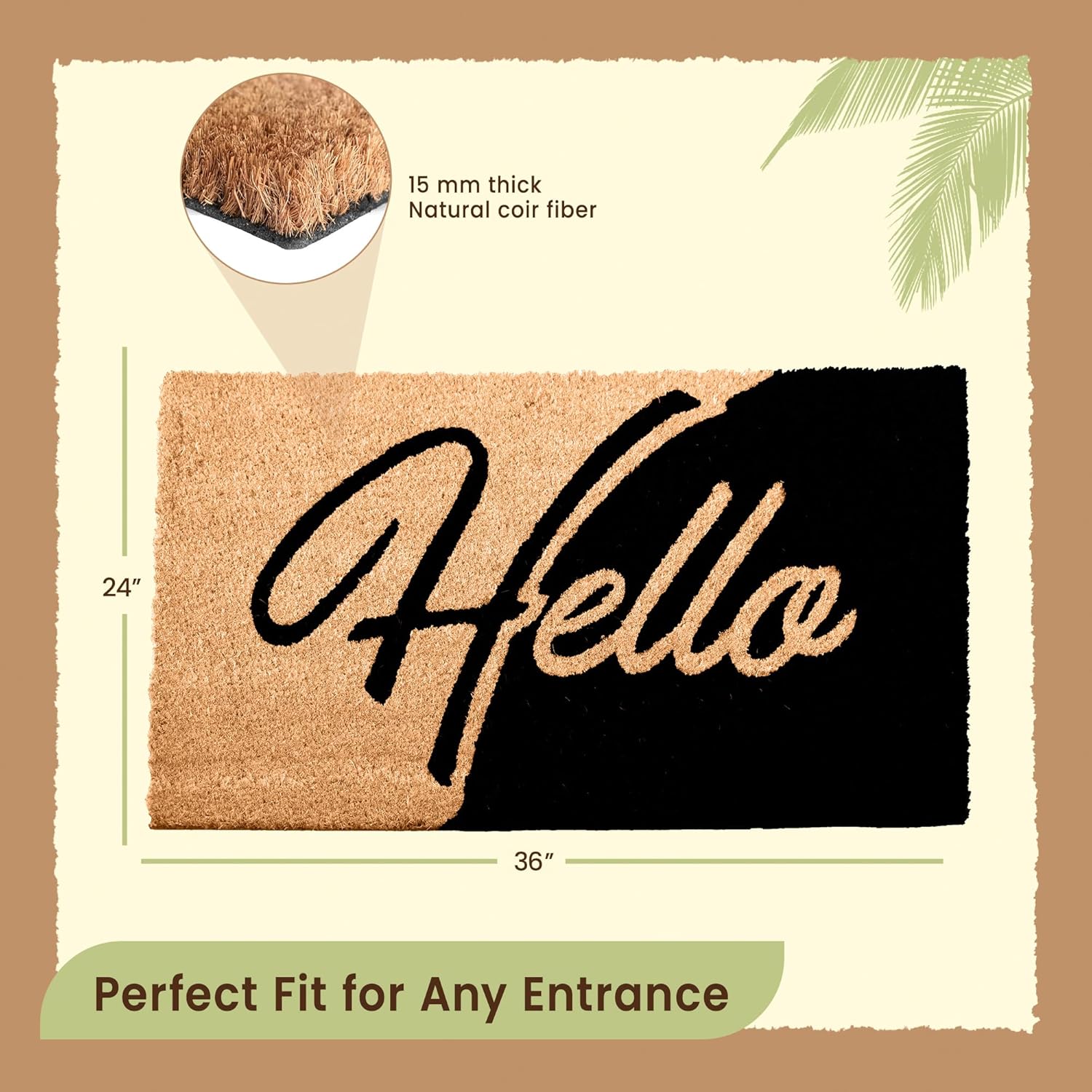 Hello Door Mat Outdoor Coco Coir Doormat, with Heavy-Duty PVC Backing - Natural - Perfect Color/Sizing for Outdoor/Indoor uses. (36 x 24, Hello Script-4)