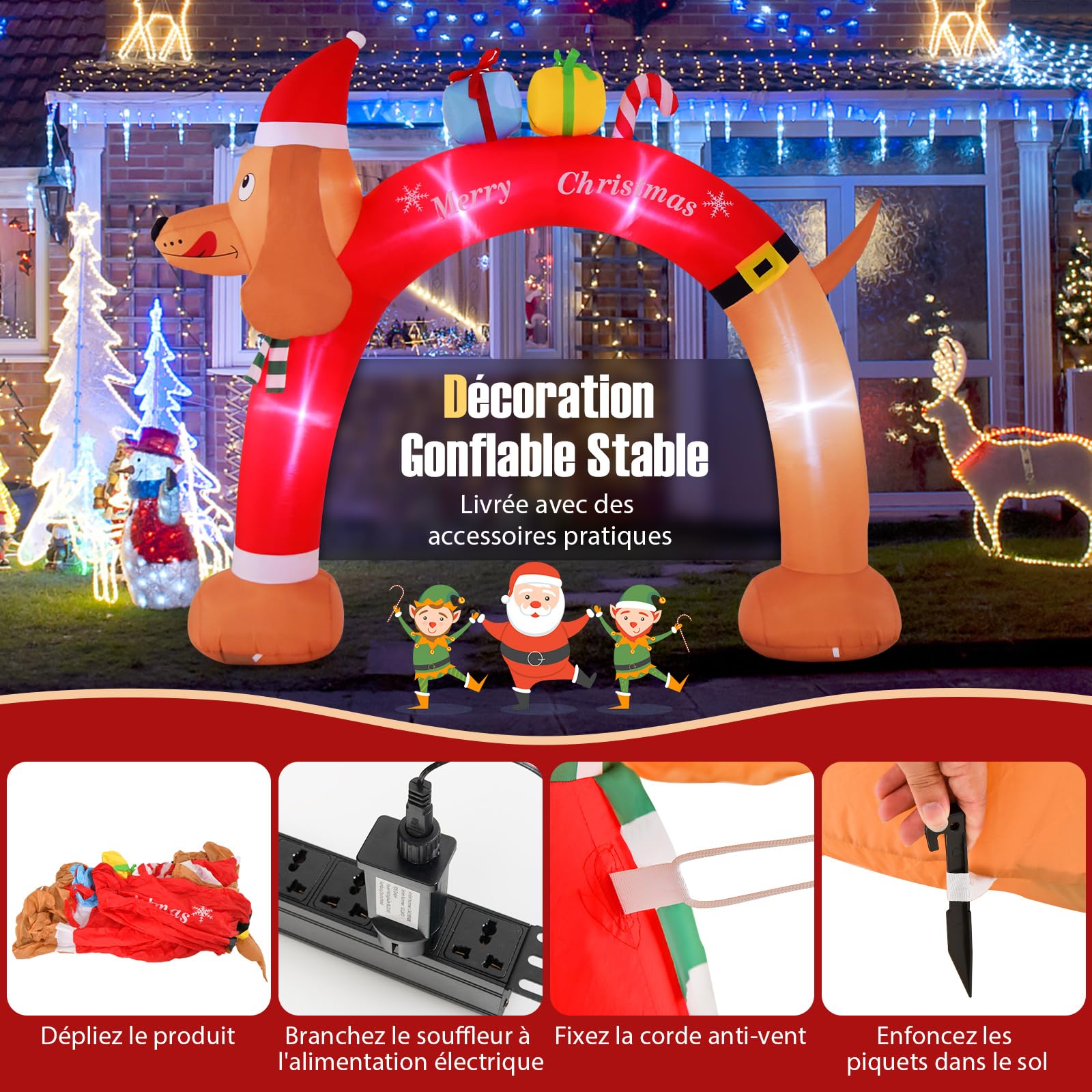 GYMAX Arche Gonflable de Noël Lumineux 242cm, Décoration de Noël Gonflable pour Extérieur Intérieur, Lumineux LED et Souffleur Intégrés, Cordes et Piquets, Décoration Festive