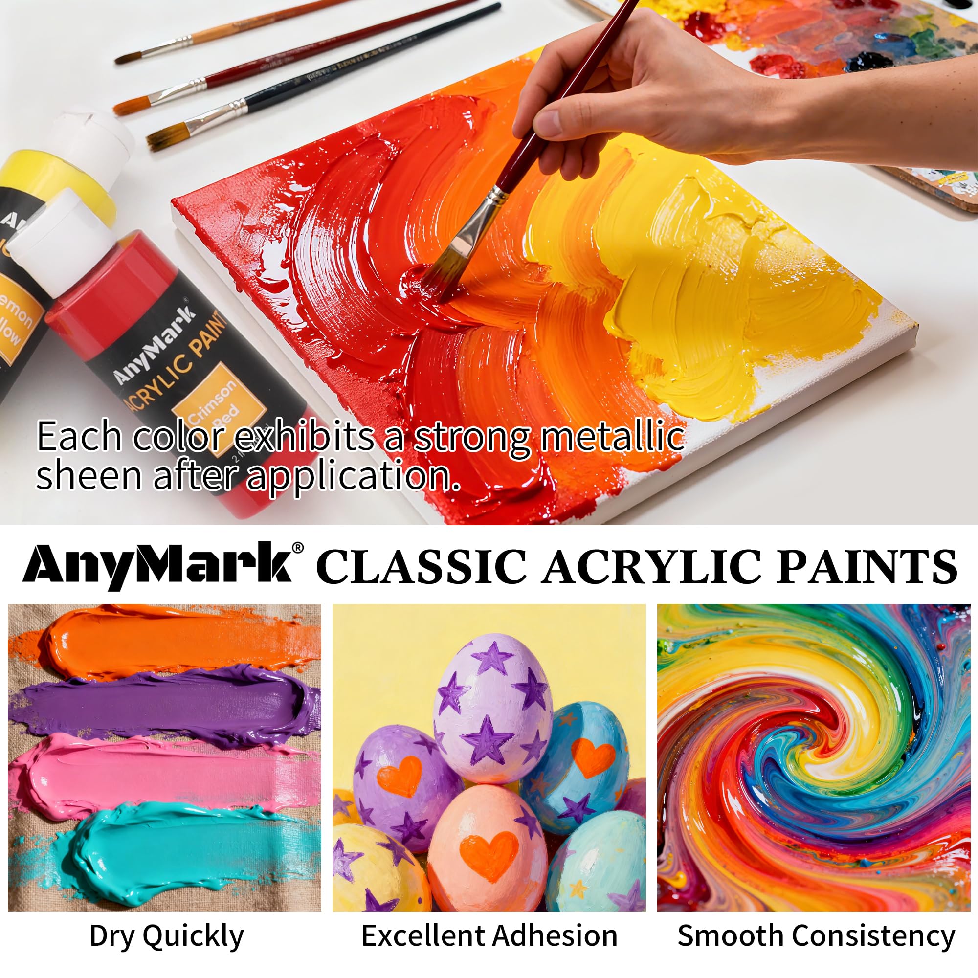 AnyMark Vernice Acrilica Classica, Set di 48 Colori Brillanti | Colori Acrilici per Adulti e Artisti, Vernice Multi-Superficie per Tessuto, Tela, Artigianato e Vetro, 60 ml (2 oz)