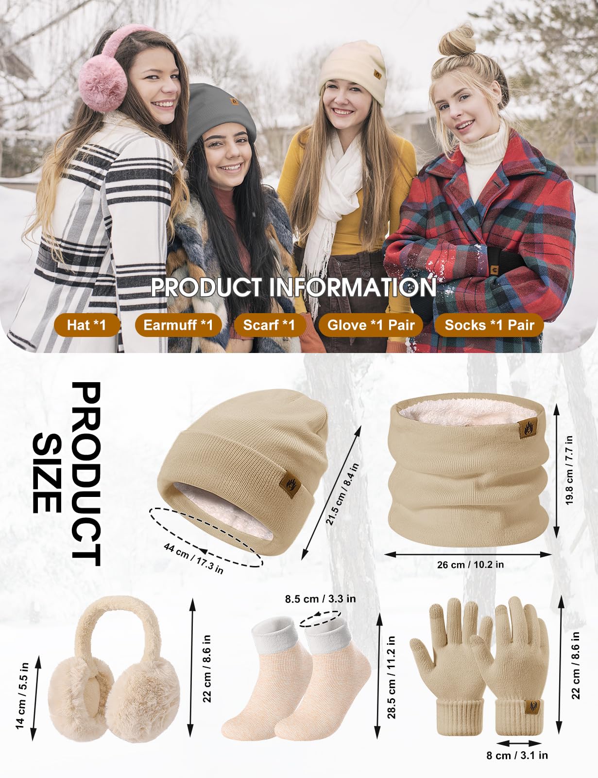 UMIPUBO Gorro Bufanda y Guantes Set 5PCS Mujer Invierno Gorro Conjunto Sombreros Bufandas Cálida Caliente Pantalla táctil Guantes Orejeras de Felpa Calcetines Térmicos 5 Piezas Set