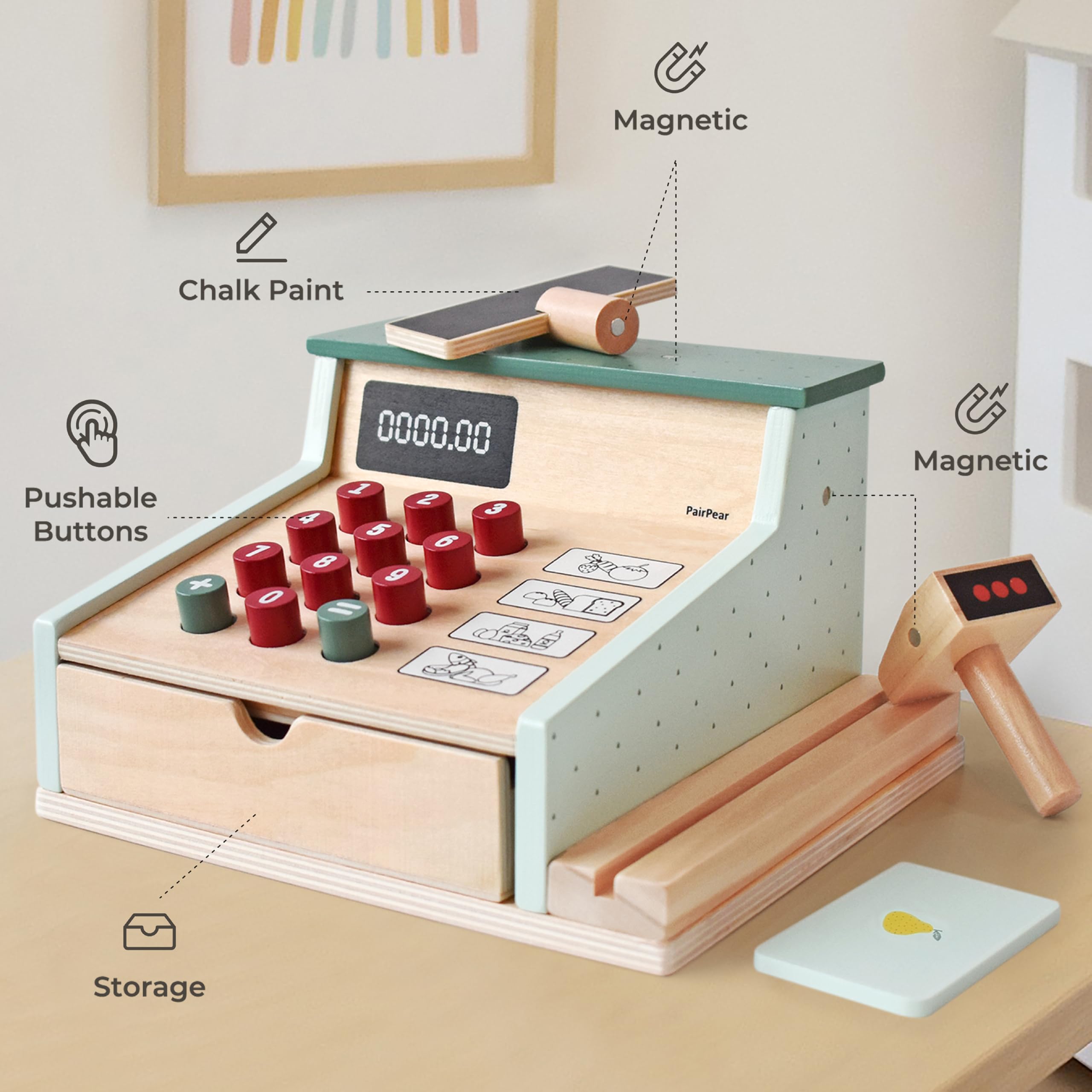 PairPear Wooden Cash Register for Kids Pretend Play Shop Toys Wooden Till Toys with Scanner Calculator and Credit Card - Image 3