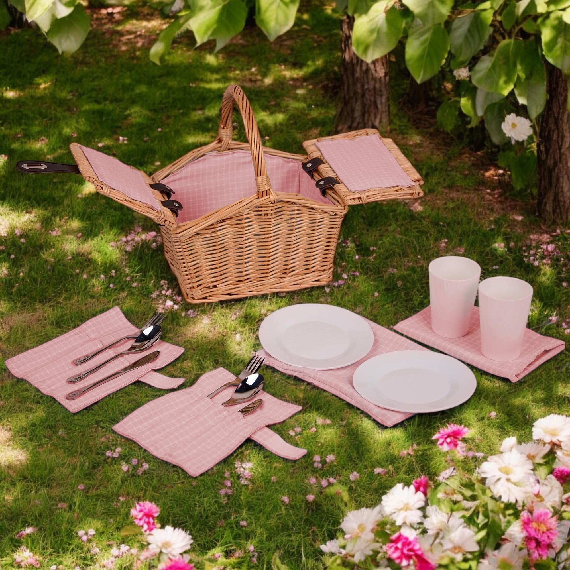 UNUS® Picknickkorb für Kinder rechteckig aus Weide mit Stoffauskleidung, Komplettset für 2 Personen mit Besteck, Tellern und Bechern, tragbarer Weidenkorb für Picknick und Ausflüge