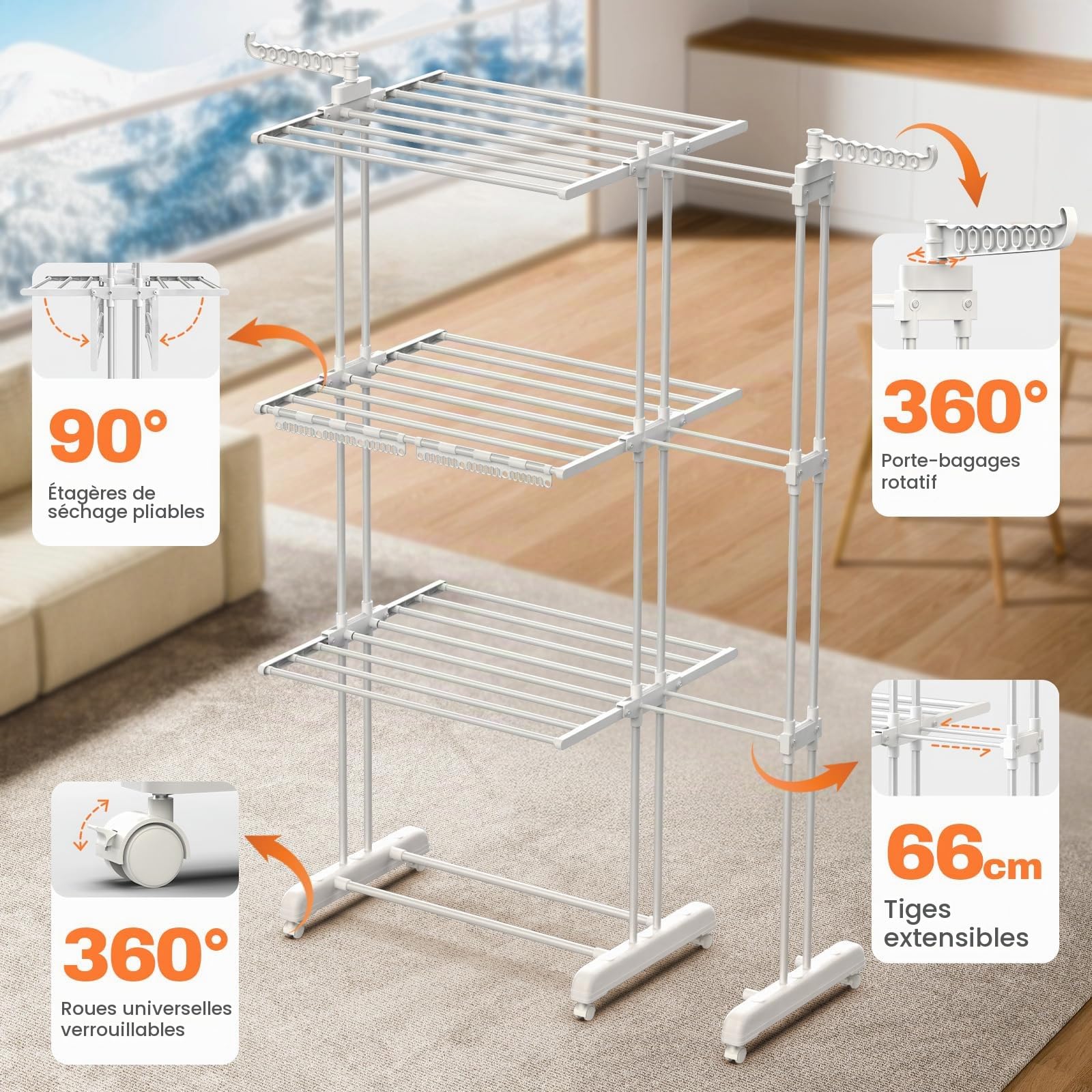 Huracan Turm Séchoir à linge sur pied à 3 niveaux avec porte-chaussettes, étendoir à linge pliable avec roulettes pour l'intérieur et l'extérieur, tour de linge télescopique, porte-linge blanc