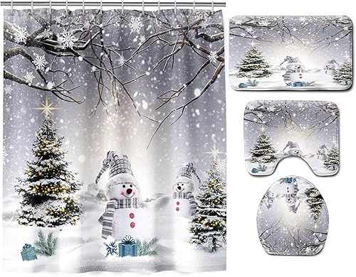 Miniatura 7 de Moladika Juego de 4 cortinas de ducha de invierno de Navidad con alfombras, bosque natural nevado, juego de baño, árbol de Navidad, decoración de