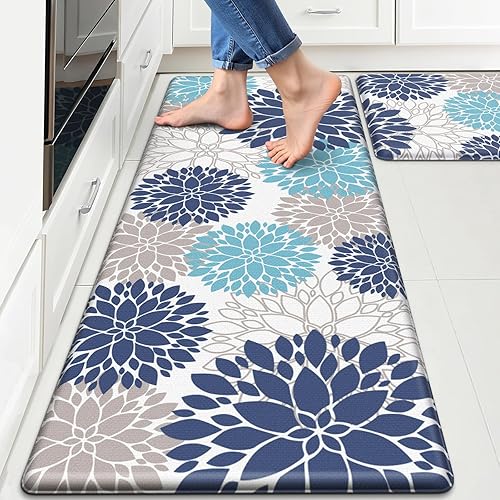 StepLively Kitchen Mats for Floor, Anti Fatigue Mats for Kitchen Floor, Kitchen Decor and Accessories Non Slip Washable Mats Set of 2 for Sink, Office, Laundry, 17.3"×30"+17.3"×47", Blue and White