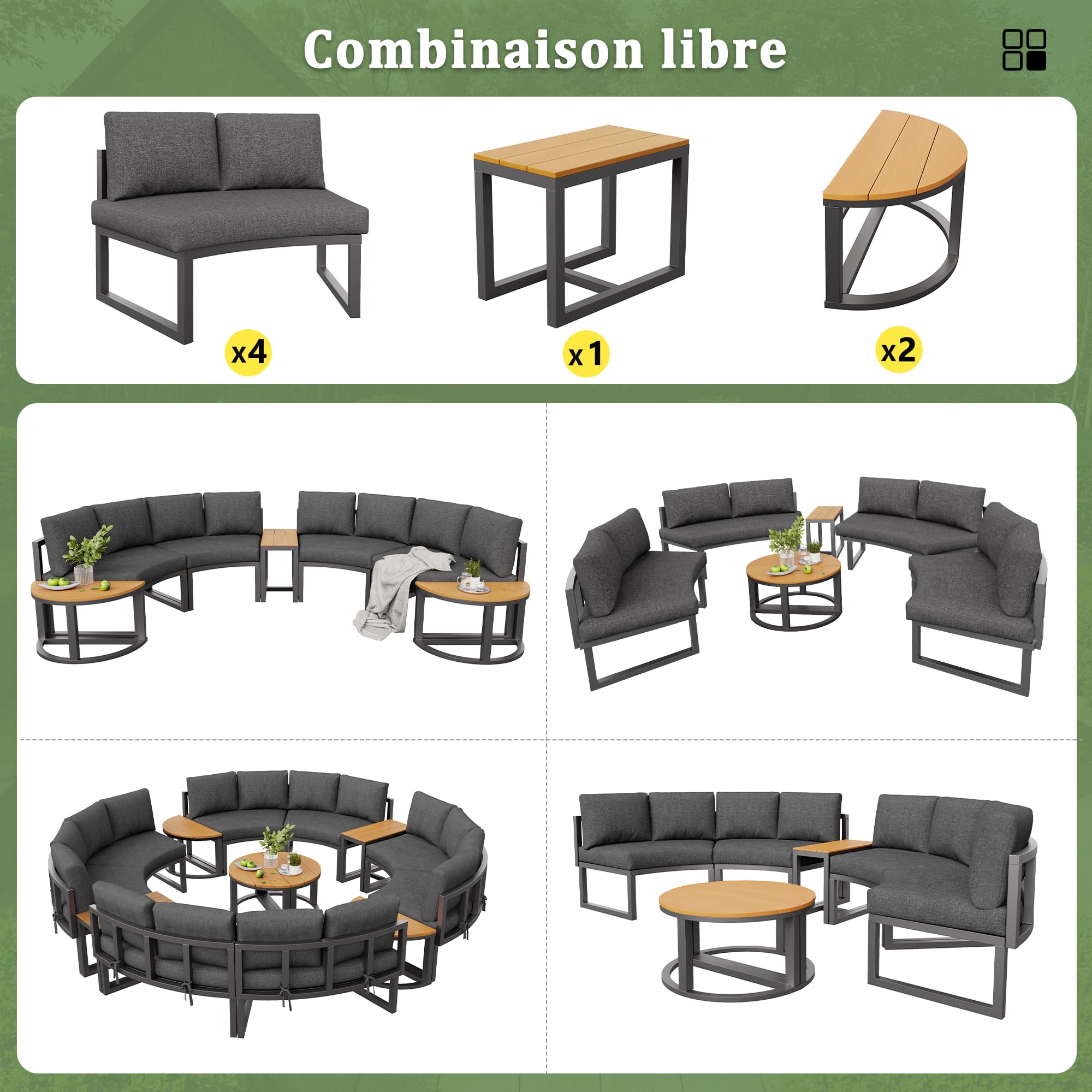 Gartenmöbel-Set, Garten Loungesessel Set, Bequeme Gartenmöbel mit grauen Sitzpolstern und Kissen, verstellbare Beine, Elegantes rundes Sofa (4-6 Personen)