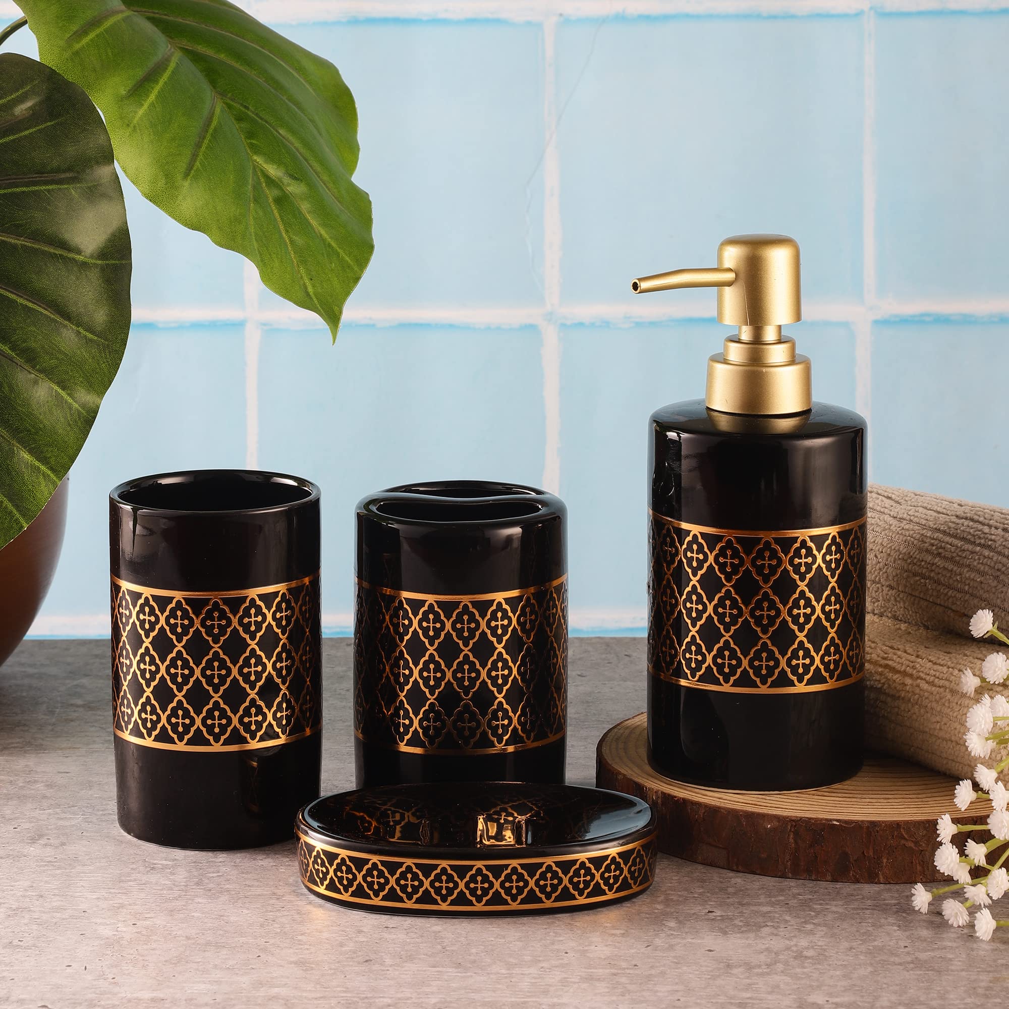 The Decor Mart Ceramic Bath Mesh Decor Bathroom Accessory Set of 4 (Liquid Soap Dispenser, 2 Tumblers, Soap Tray)- White (B0BSFJ9Y64) Amazon Price History, Amazon Price Tracker
