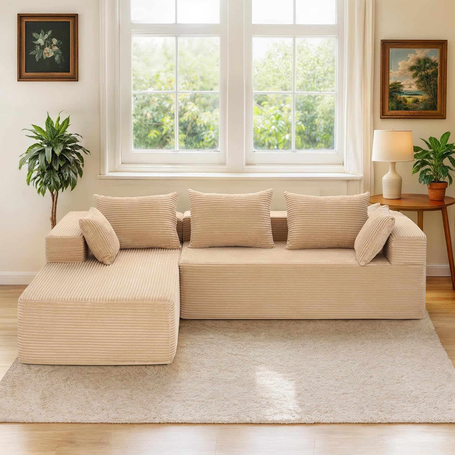 105" Modular Sectional Couches for Living Room,Boneless Couch with L-Shape Chaise,Comfy Corduroy Sectional Sofa,No Assembly Required, Apartment, Beige