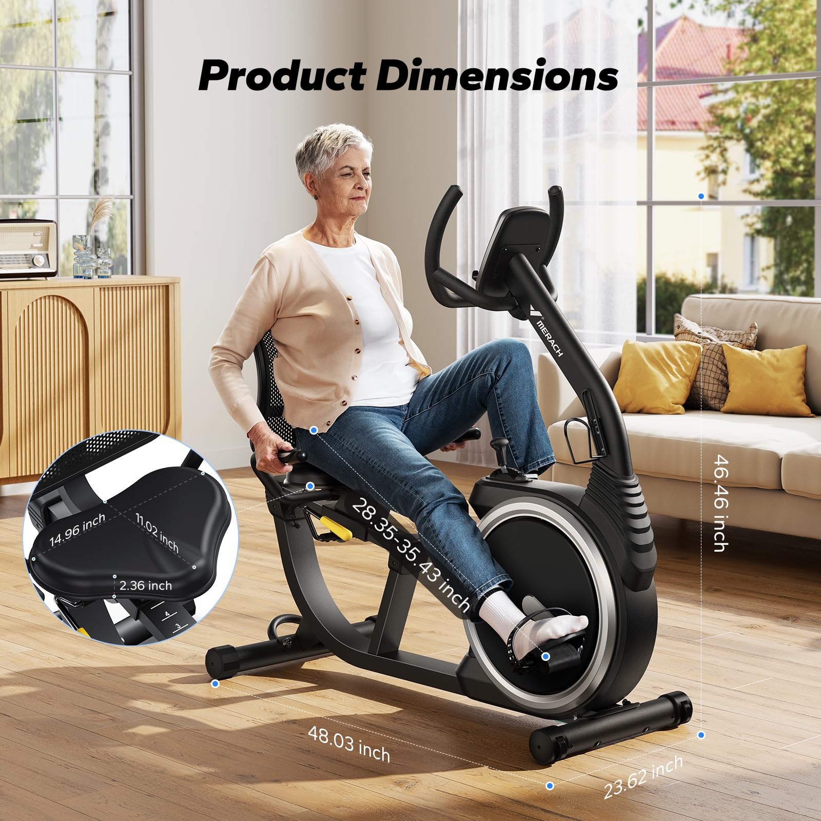 MERACH Domowy ergometr do leżenia z 8 regulowanymi poziomami oporu, lekki, komercyjny rower treningowy z funkcją Smart Bluetooth, ekskluzywna łączność z aplikacją, wyświetlaczem LCD, czujnikami tętna