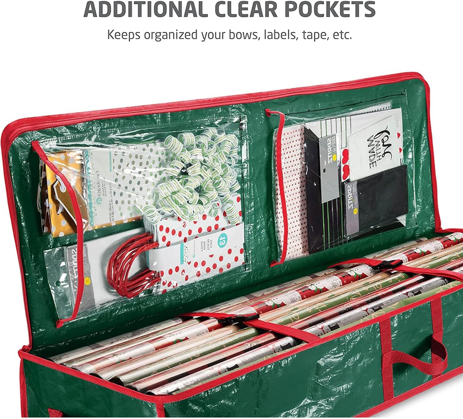 Borsa Porta Carta Regalo Natalizia In Tessuto Oxford 600D, Capacità 18-24 Rotoli, Con 2 Tasche Trasparenti Per Accessori, Dimensioni 35,6x101,6x15,2 Cm, Organizer Per Nastri E Fiocchi - 2