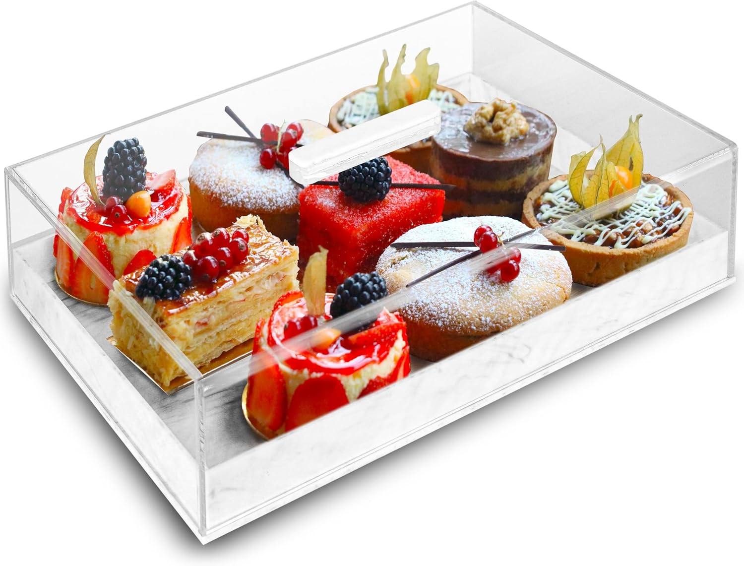 Large Acrylic Rectangular Cake Tray - Multifunctional Rectangle Cake Stand with Cover Lid - Pastry Serving Dessert Holder Tray for Party Home Kitchen Gift2 (White)