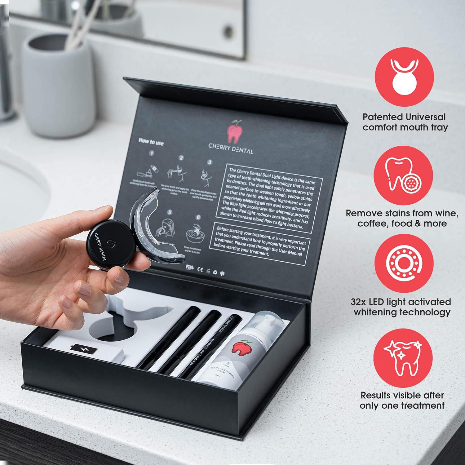 CHERRY DENTAL PROFESSIONAL AT HOME TEETH WHITENING KIT, DESIGNED BY US DENTISTS, OVER 100 TREATMENTS, SAFER THAN WHITENING STRIPS, 32X LED RED/BLUE LIGHT, SNOW WHITENING PENS, SAFE FOR SENSITIVE TEETH : Beauty & Personal Care