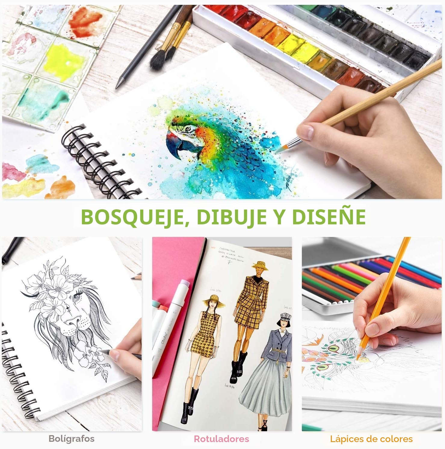 Ohuhu Cuaderno de Dibujo - 124 páginas/62 hoja - 200 g/m² - Tapa Dura - Encuadernado en Espiral - Papel sin ácido, Sketchbook para Marcador Acrílico Acuarela, 225mm x 210mm