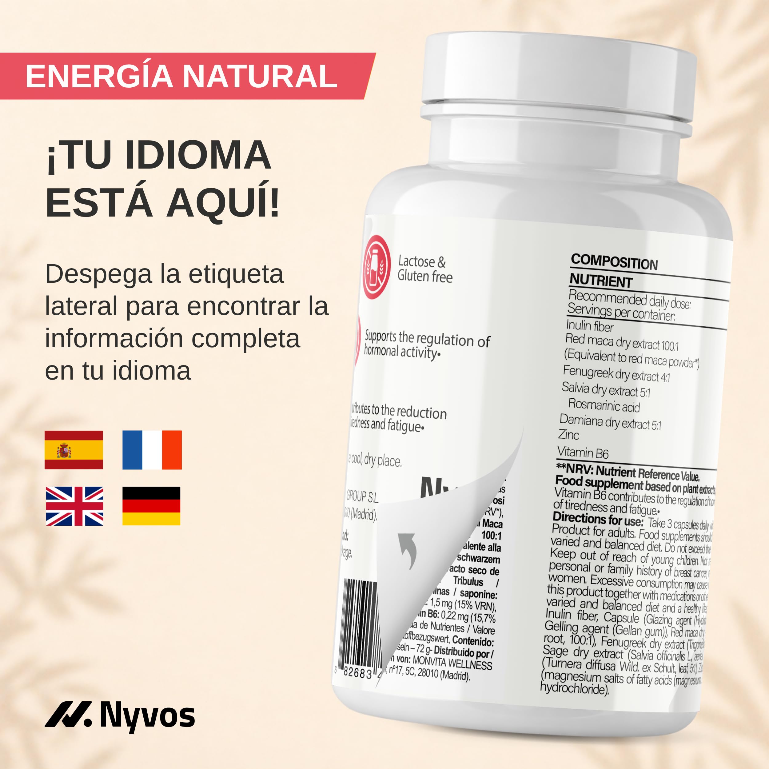 Maca Roja Mujer con Salvia, Fenogreco y Damiana - Apoyo Hormonal Femenino, Energía y Bienestar - 25.000 mg Equivalentes de Maca Roja en Polvo - 180 Cápsulas, 60 Dosis - Nyvos