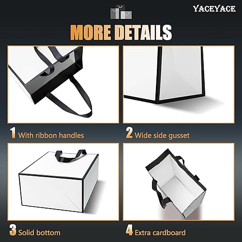 Miniatura 4 de YACEYACE Bolsas de regalo blancas y negras, 10 bolsas de regalo de tamaño mediano de 8 x 4.25 x 10.5 pulgadas con asas de cinta a granel, bolsas de