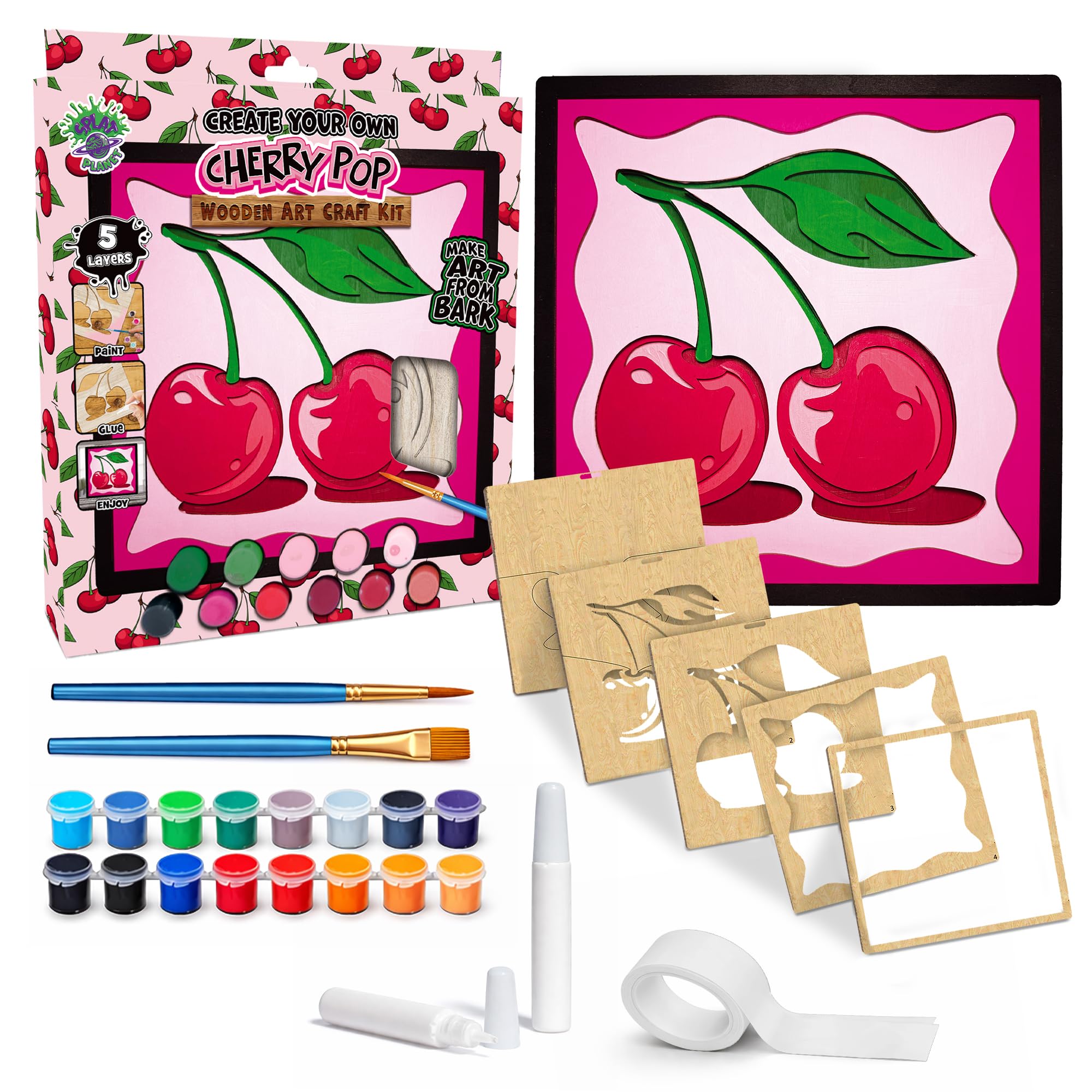 Cherry Pop 3D Wooden Art Kit – Paint Your Own 3D Layered Wood Wall Art for Kids & Adults, DIY 3D Art Cherry Pop Wood Painting Kit Wooden Art and Craft Gift Set, 25 x 25cm (10 x 10 inches)