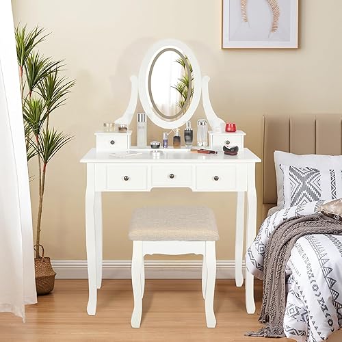 ALAPUR Escritorio de tocador con espejo y luces, espejo redondo giratorio ajustable de 360 con 5 cajones, juego de tocador moderno para