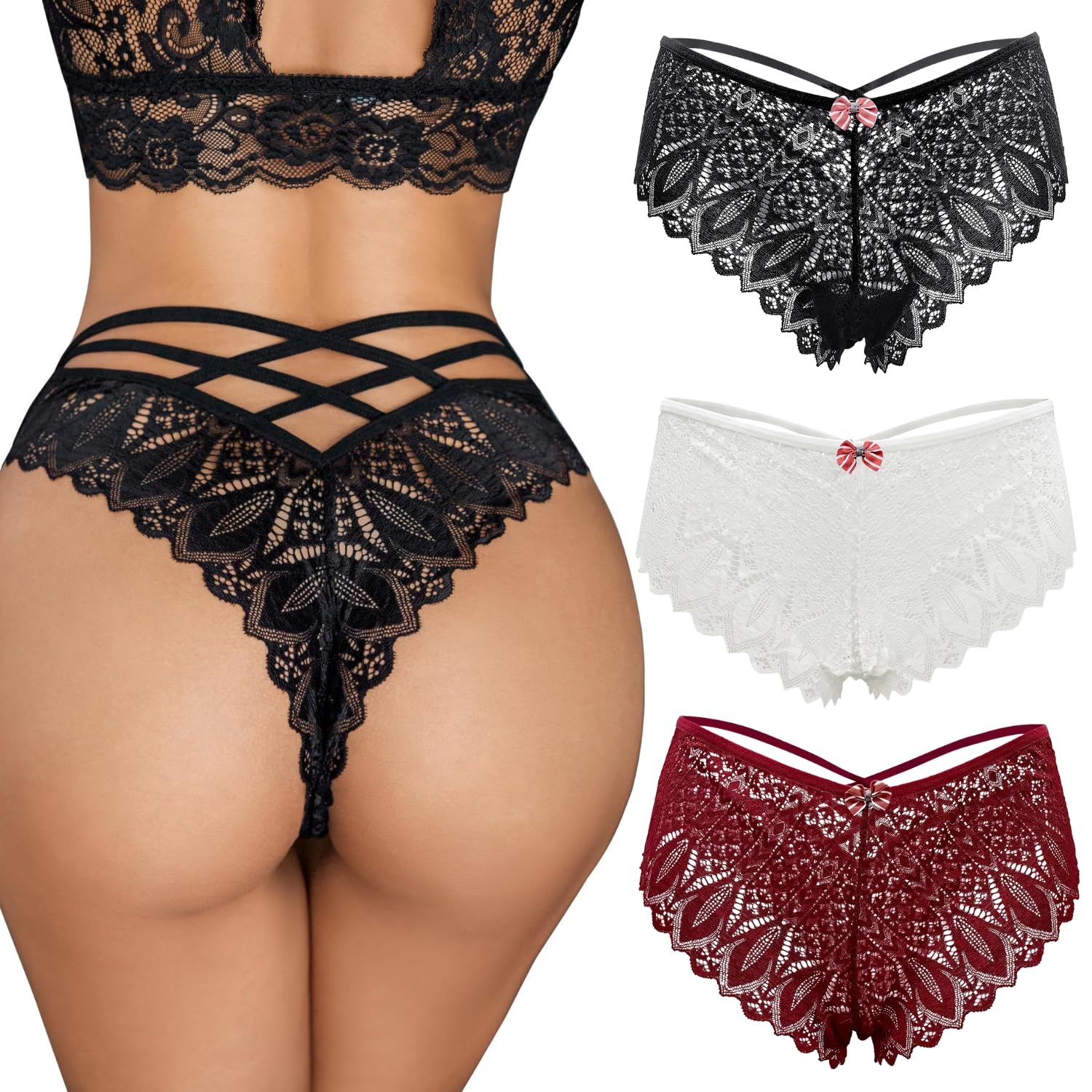 GXNRHG Seksowne majtki z koronką w kwiaty krzyżowane na plecach figi bikini niski wzrost bezczelna bielizna drążą figi miękkie rozciągliwe Hipster śliczne stringi