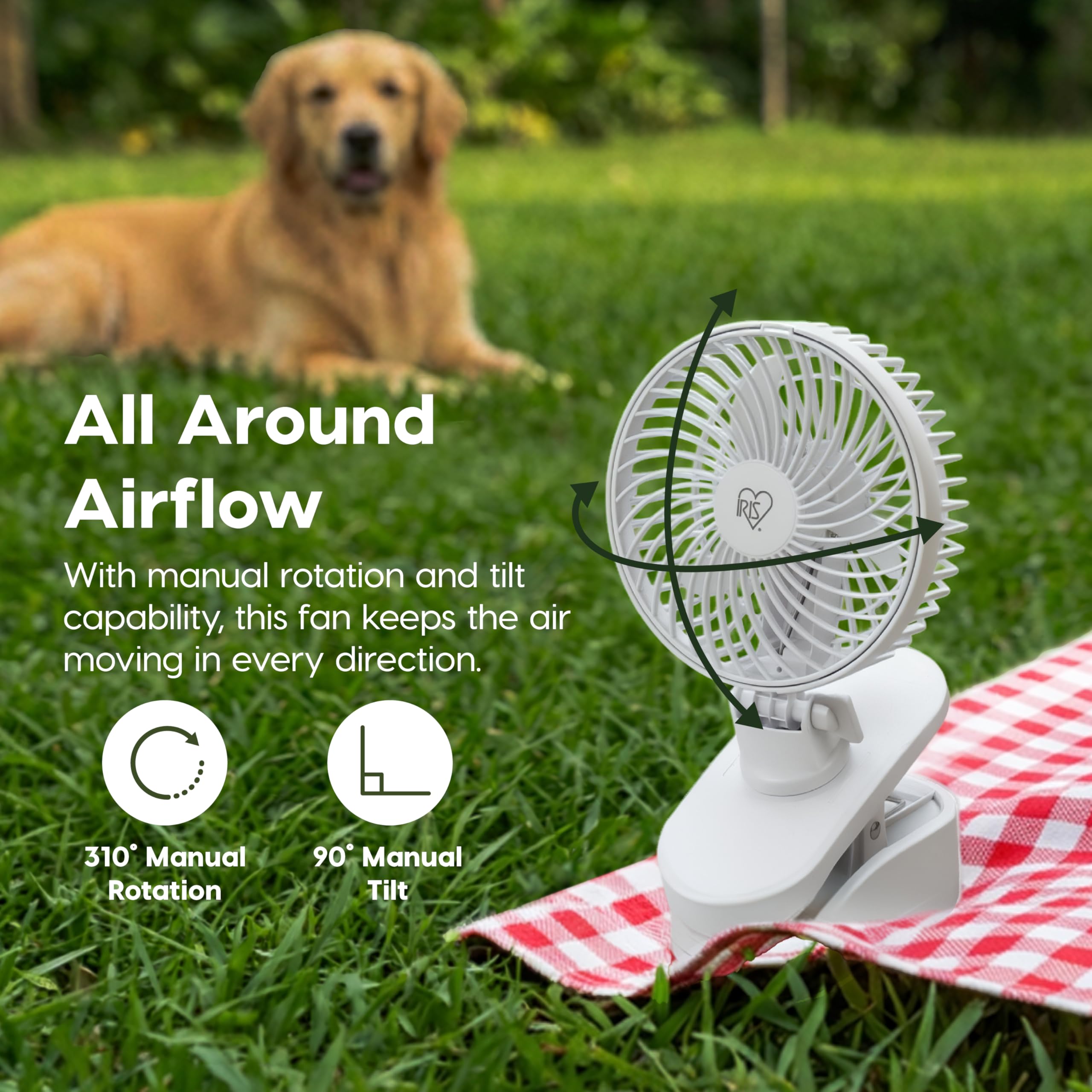IRIS USA WOOZOO Ventilateur à clipser à piles de 12,7 cm, 2 vitesses, alimenté par batterie D, ventilateur personnel, mini ventilateur de voyage portable pour poussette, voiture, bureau, chevet