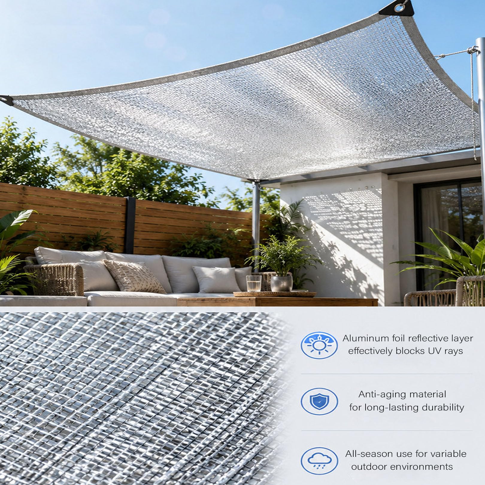 Tela reflectante de aluminio e UV de 5 x 5 m, transpirable, con ojales, para balcón, terraza, puerto, invernadero