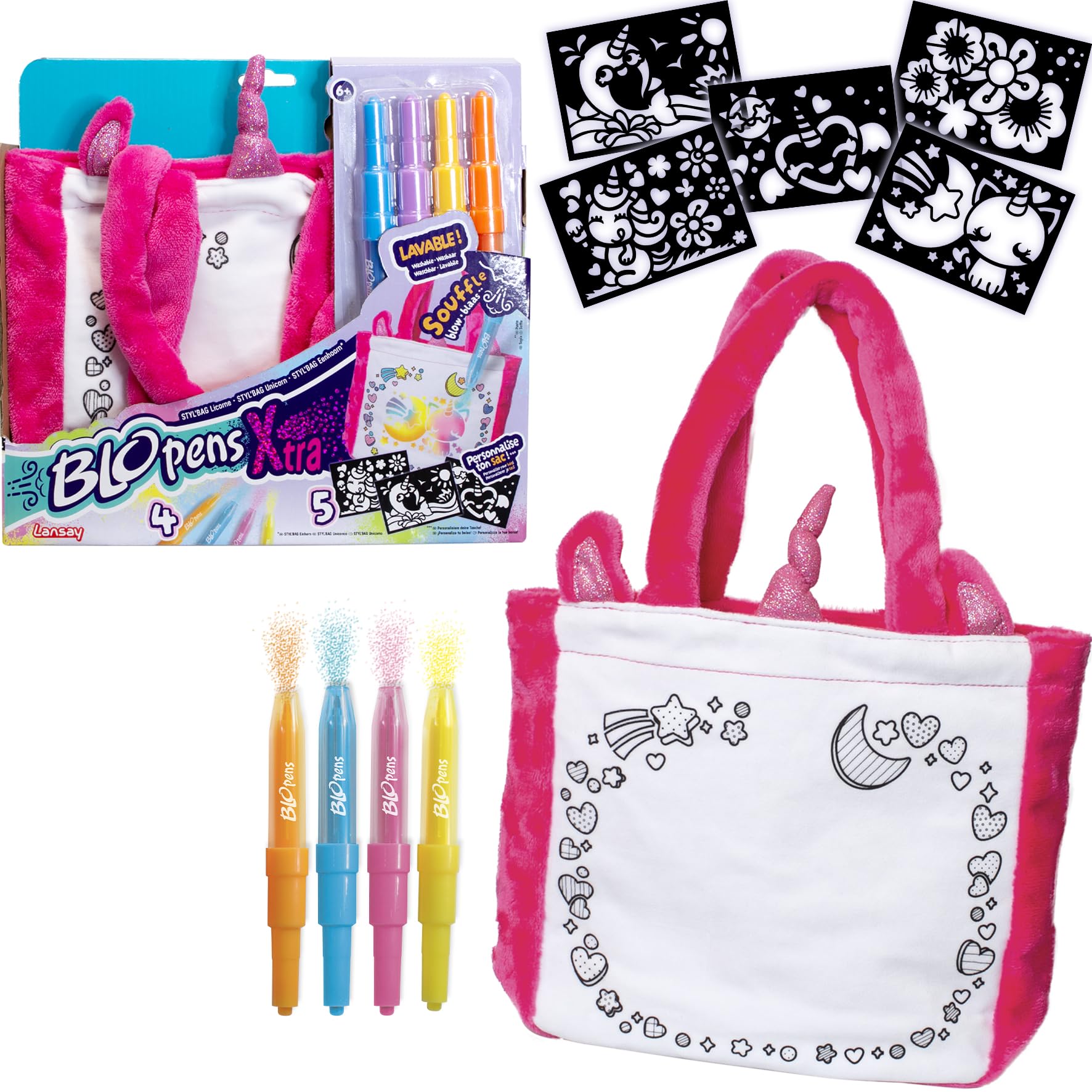 Lansay - BLOPENS X-TRA - Styl'Bag Unicorn - Personalisation Kit - For Children From 6 Years Old - With 4 Blopens Blowing Pens, 5 Reusable Stencils - Unicorn Bag Included & Washable