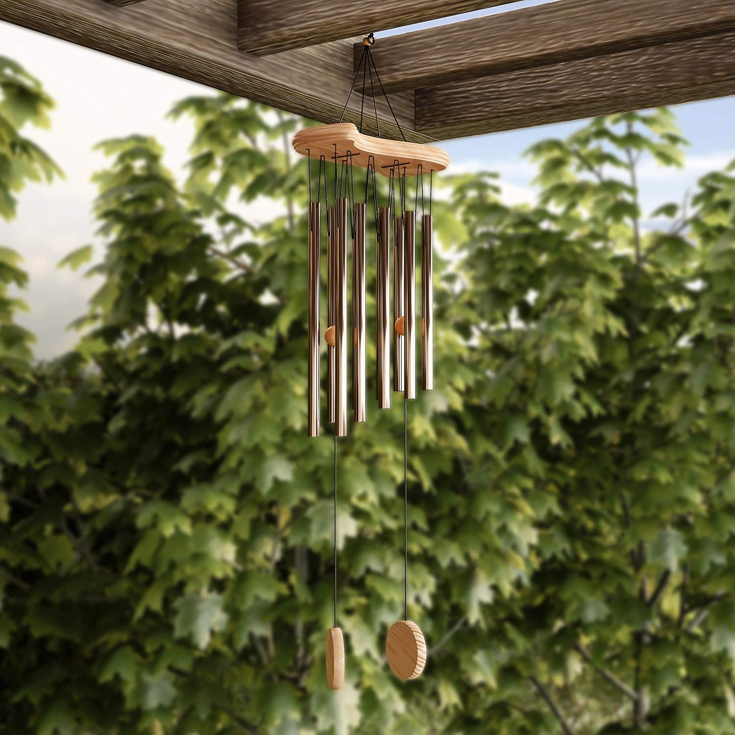 Pure Garden Metal and Wood Wind Chimes - 34.5-Inch Tuned Metal Chimes - Soothing Tones for Garden, Patio, Porch, or Outdoor Decor (Bronze Finish)