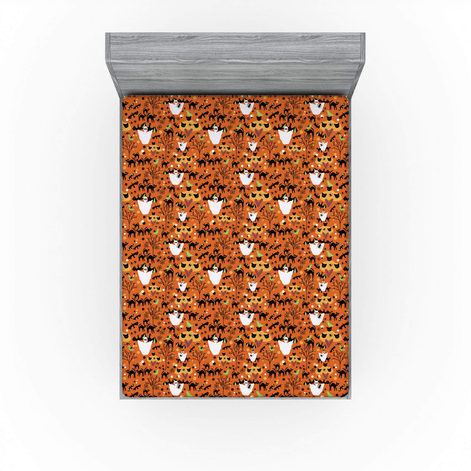 Ambesonne Halloween Fitted Sheet, Spooky Cartoon Pattern of Ghost Cats Bats Spiders and Trees, Bed Cover with All-Round Elastic Pocket for Comfort, California King, Burnt Orange Burnt Orange