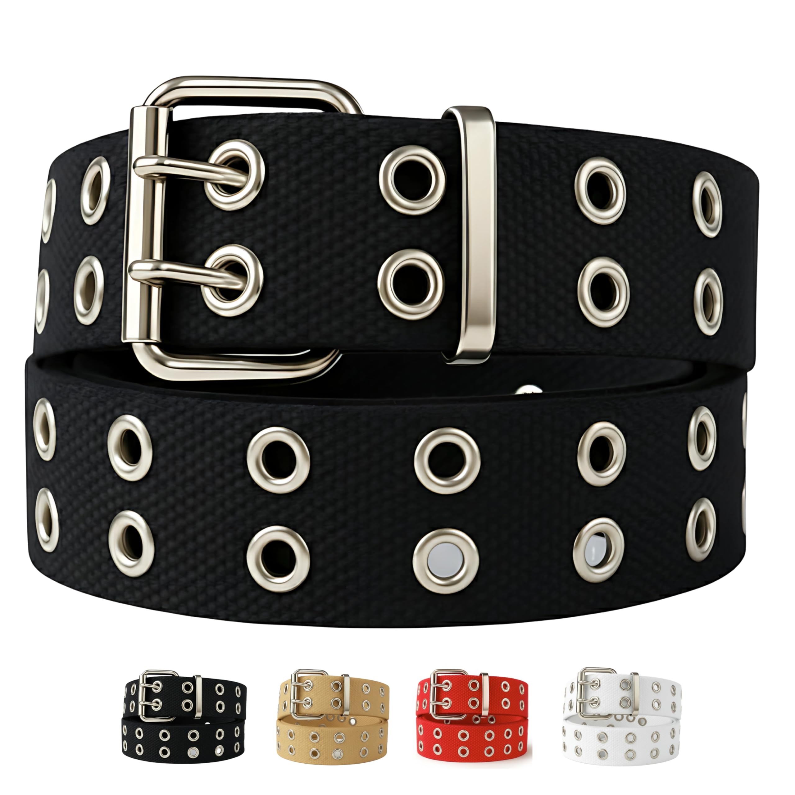 Double Grommet Belt Canvas Punk Style Web Belt Double Eyelet for Women Men Jeans 2 Hole Belts 1
