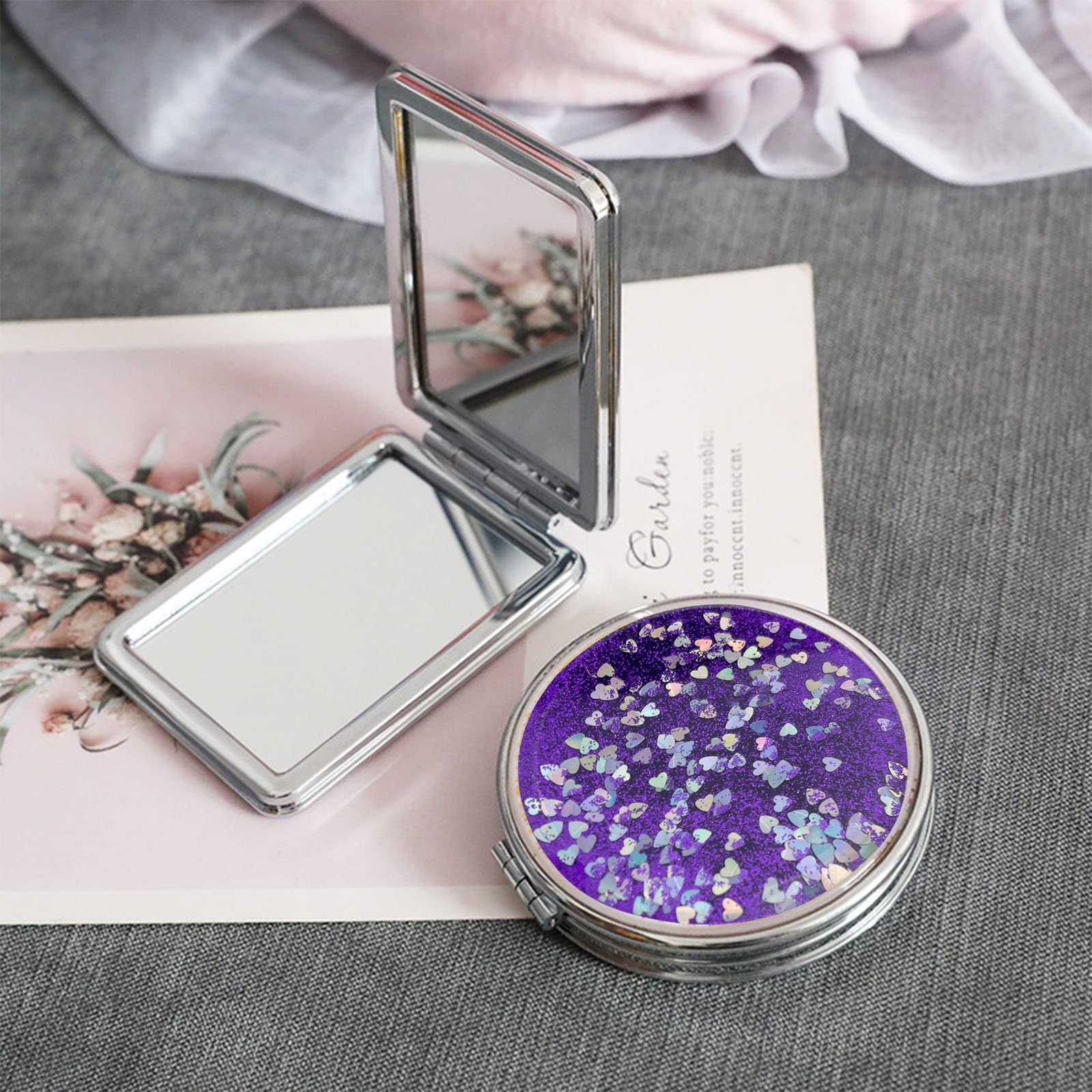 Aswewamt 2 Stück Kompaktspiegel - Mini Faltbare Make-up-Spiegel In Lila, Doppelseitig, Quadratisch & Rund
