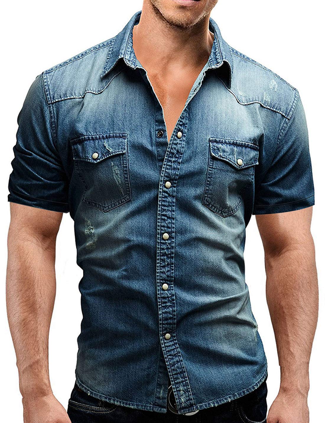 ★★ ★★ Men's Blue Tencel Short Sleeve Denim Sh Amazon.com: Men's Blue Denim Shirts Short Sleeve Jean Shirt