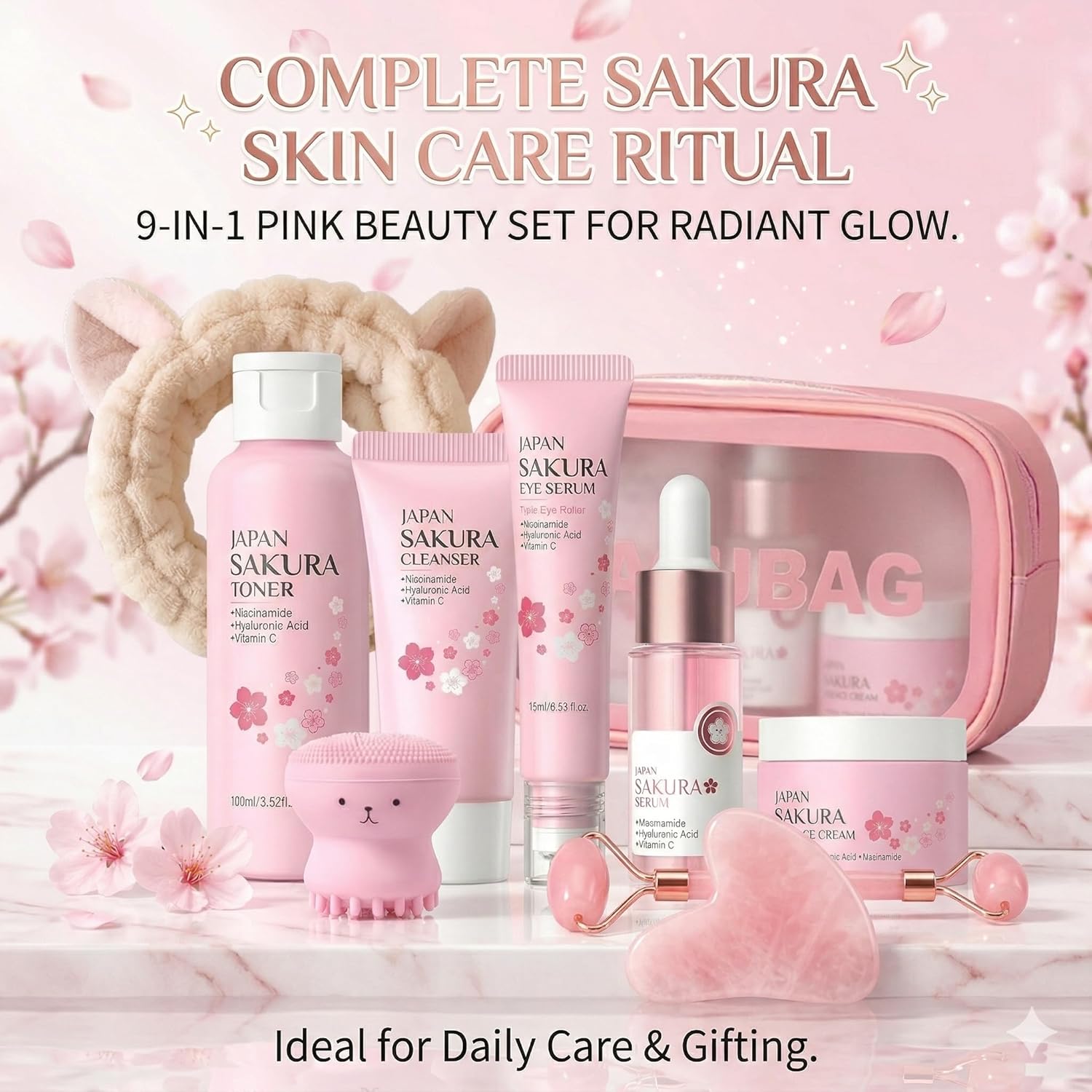 Sakura Skin Care Set For Teen Girls & Women Birthday Gifts - Skin Care For Kids - Kids Skincare For Girls 10-12 - KidsSkin Care Set For Girl Ages 8-12 - 10 In 1 Faical Kit With Gua Sha