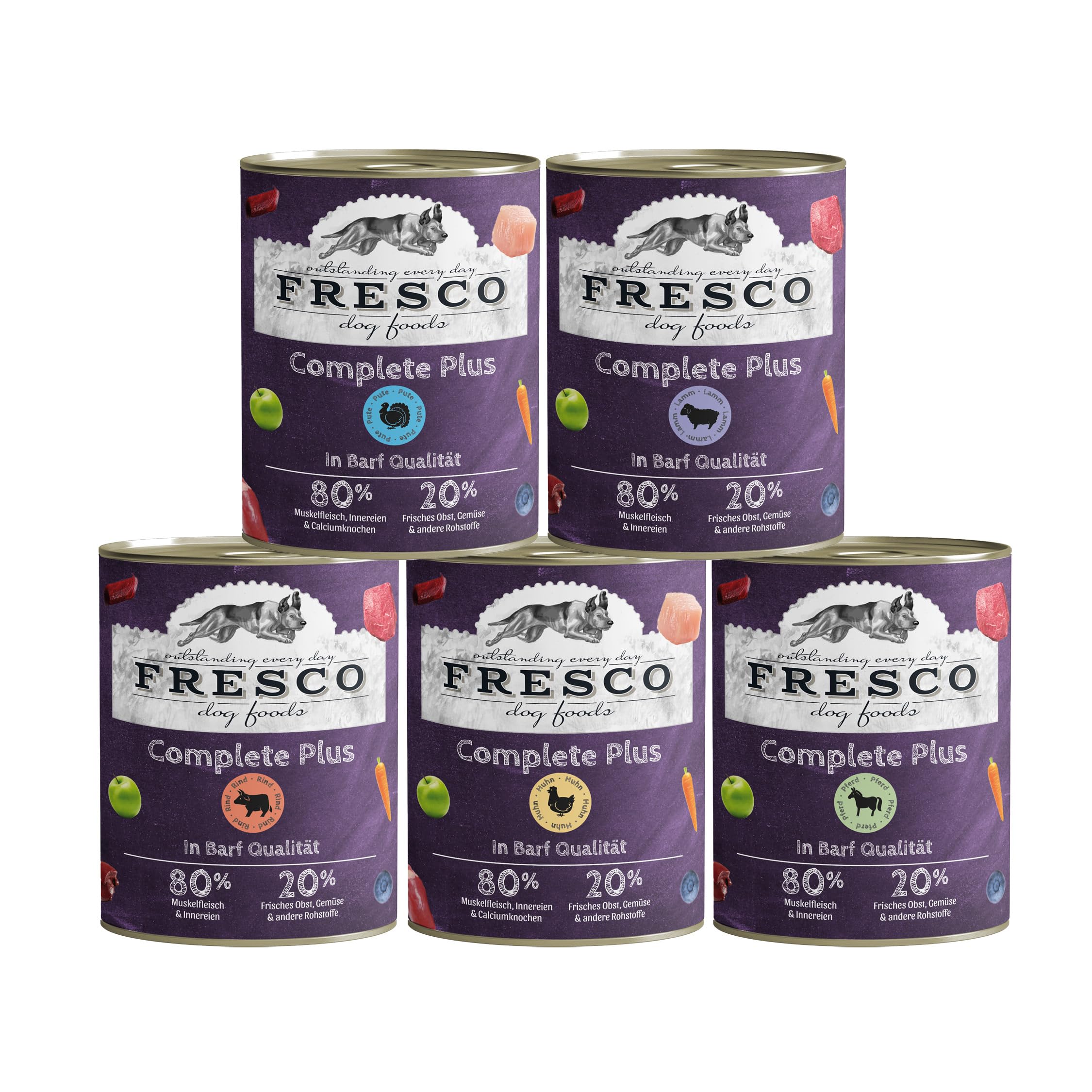 FRESCO Dog NassBarf PROBIERPAKET 5 x 800g | Hundefutter Nass getreidefrei aus Pferd, Lamm, Rind, Huhn & Pute | Mono-Protein & 80% Frischfleisch | Nassfutter für Hunde | Aus Deutschland