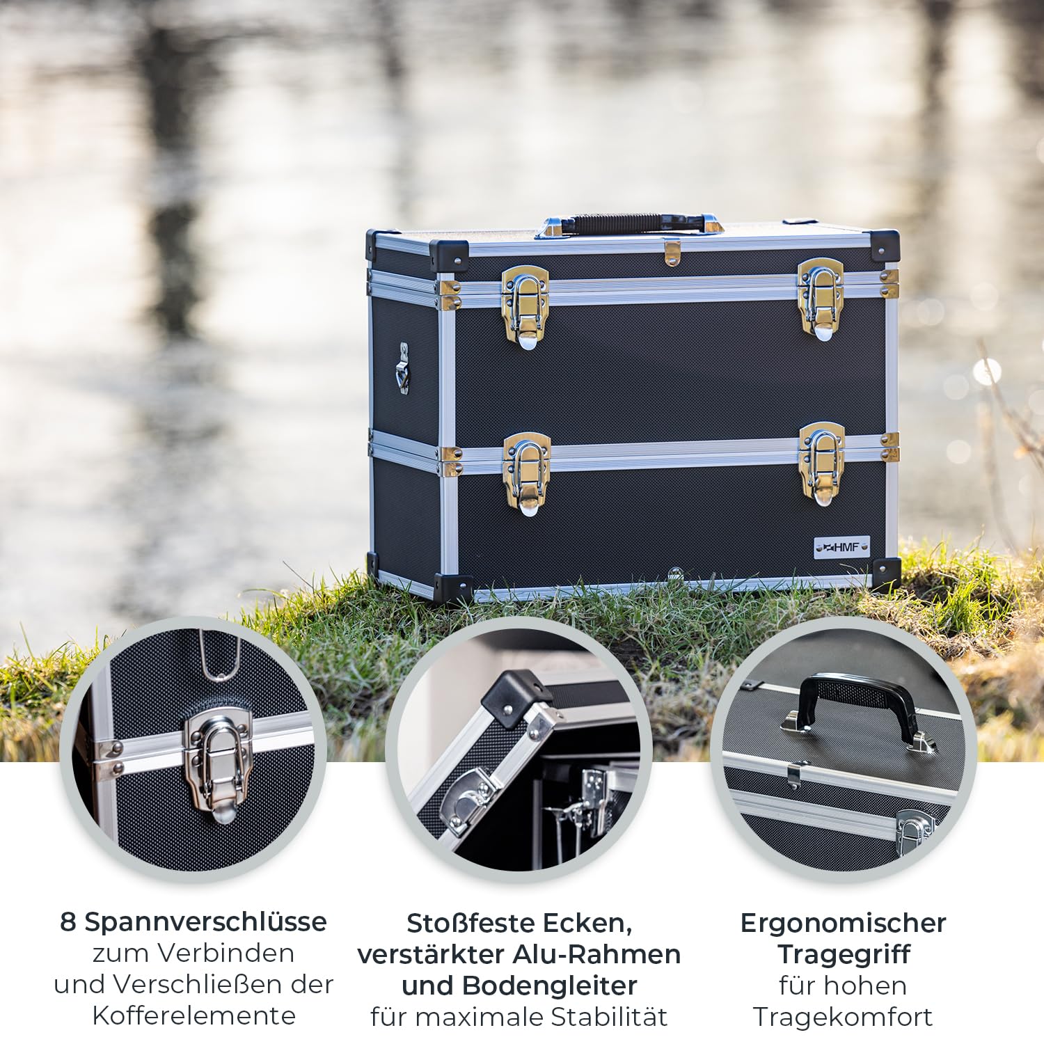 HMF 14660-02 Alu Werkzeugkoffer leer, 2 Etagen, 44 x 32,5 x 24 cm, schwarz