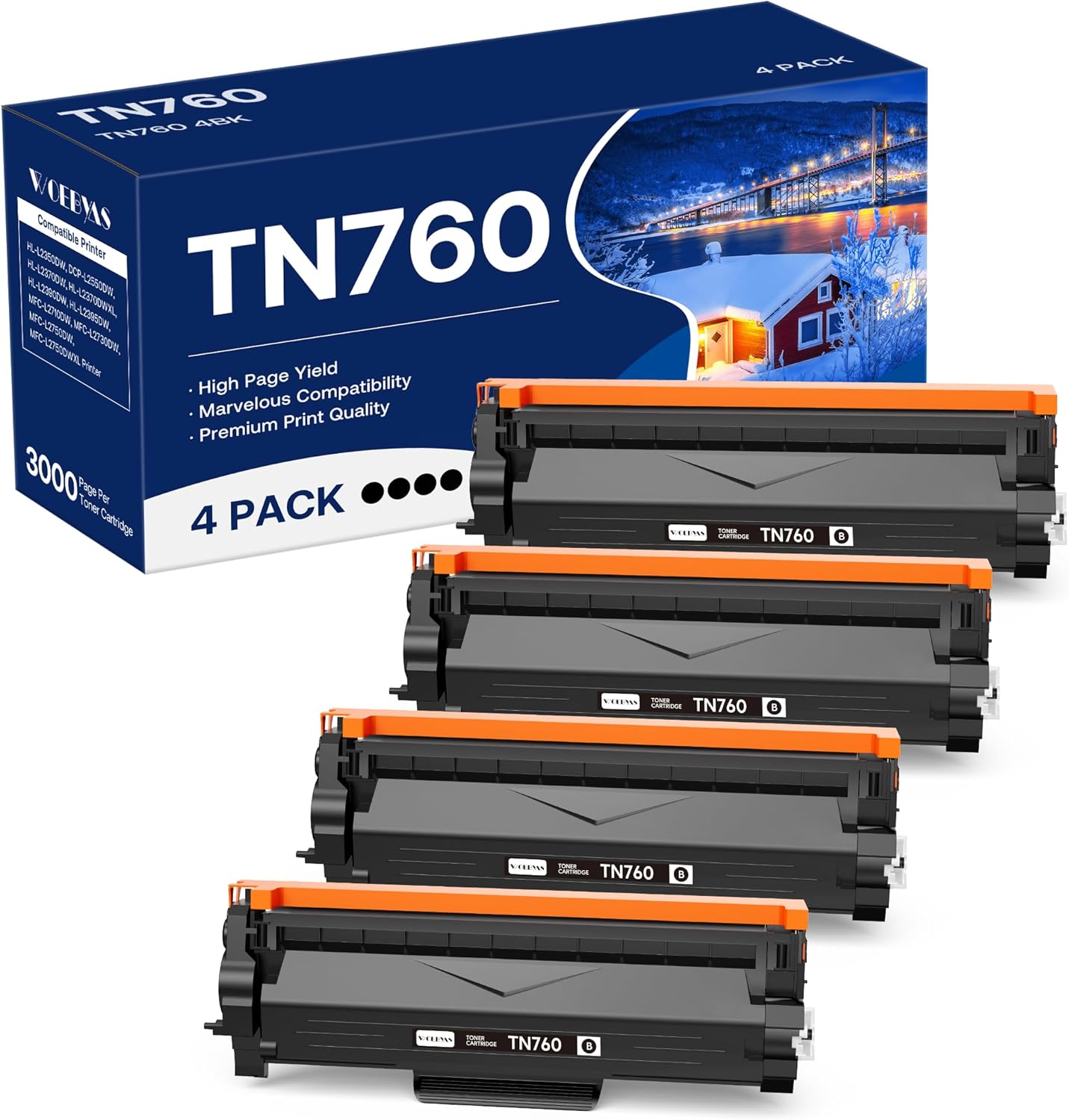Compatible TN760 Toner Cartridge Replacement for Brother TN-760 TN730 with HL-L2350DW HL-L2370DW MFC-L2750DW DCP-L2550DW Printer (4 Black)
