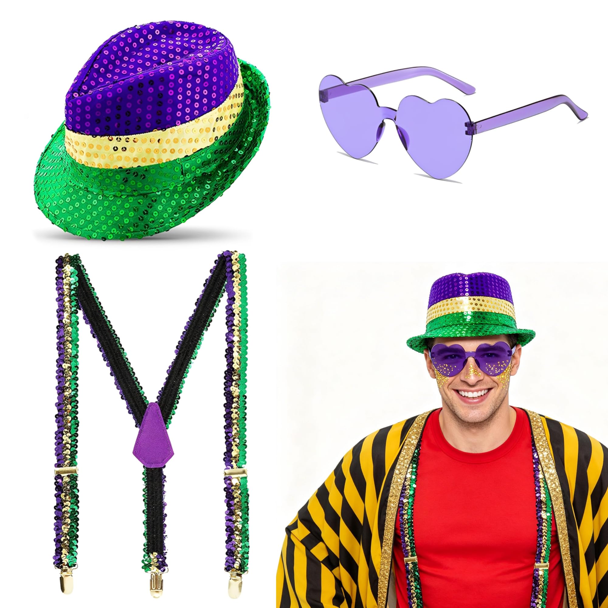 BOZILY Mardi Gras Headwear Carnival Party Set - Hat, Suspenders & Glasses For Men And Women, Colorful Accessories for Carnivals, Gift & Complete Costume Kit