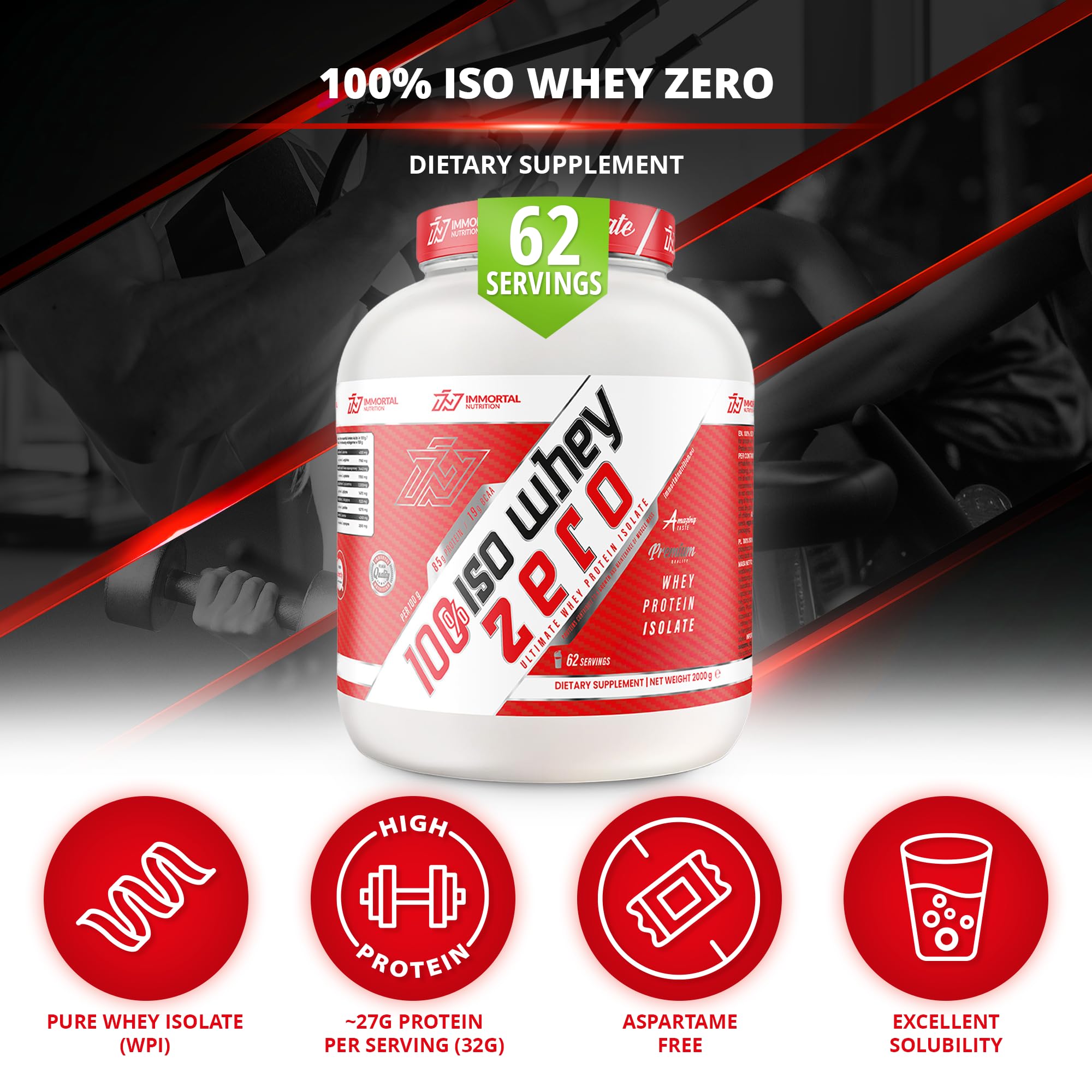 IMMORTAL NUTRITION 100% ISO Whey Zero Izolat Białka Serwatkowego - Izolat w proszku z 27,2 g białka na porcję - 85% zawartości białka - Niska zawartość cukru i tłuszczu (2 kg, Wanilia)