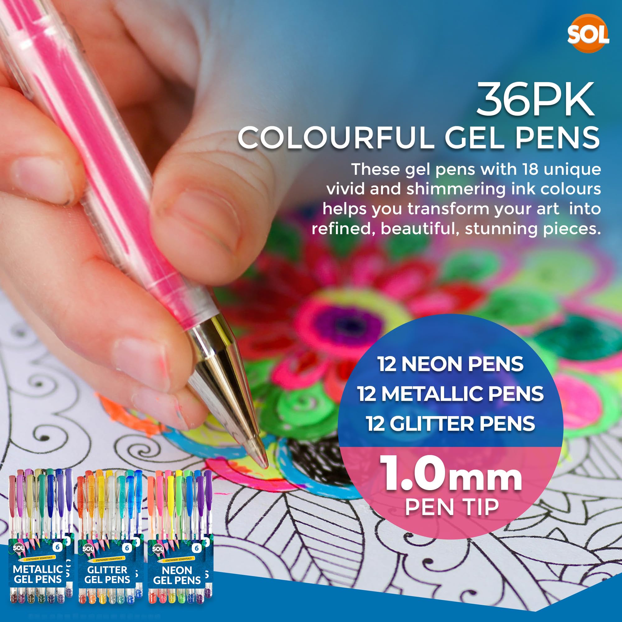 SOL 36pk Gel Pens, Assorted Colours with Glitter, Neon and Metallic Inks, Smooth Writing Pens for Journaling Drawing - Image 2