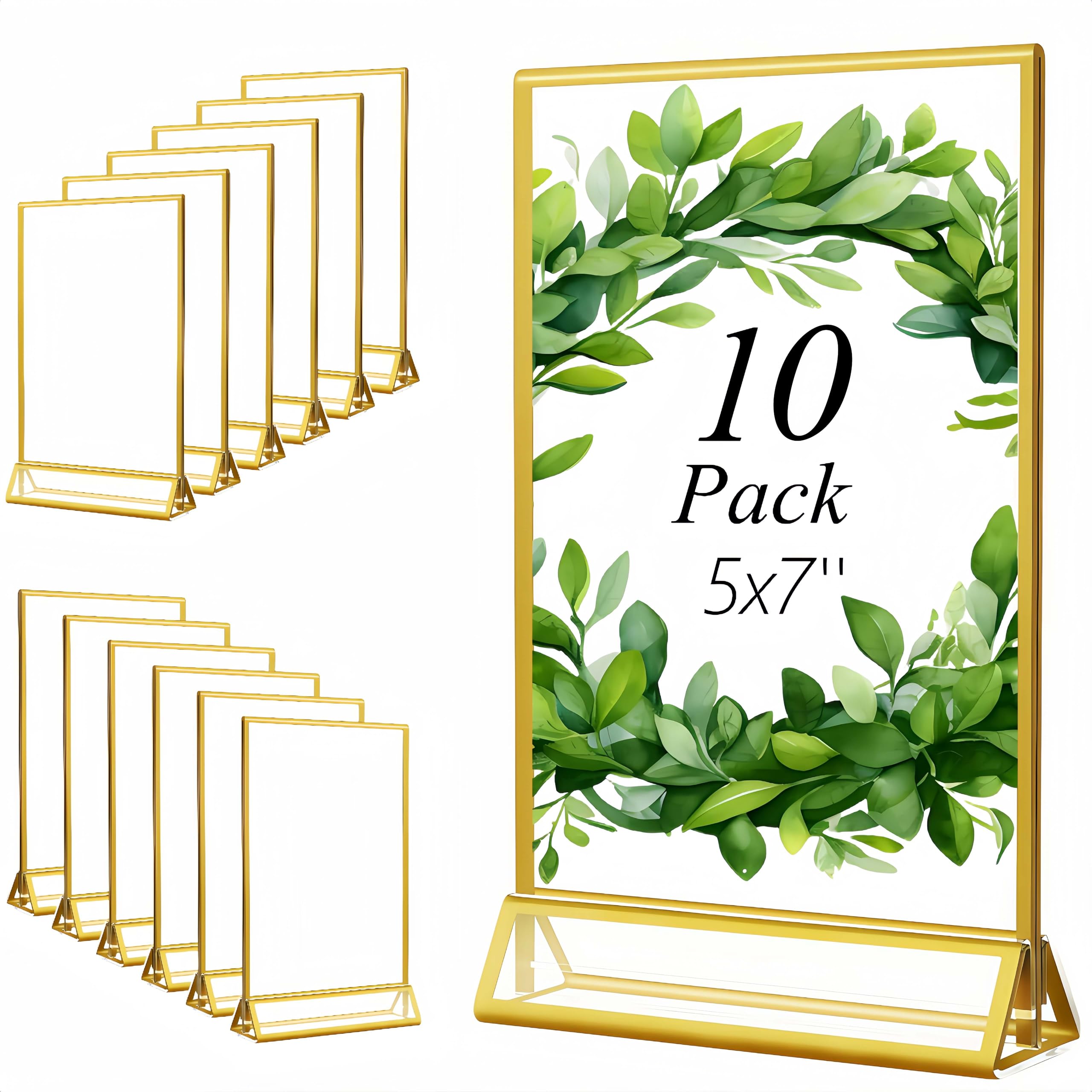 voxmude 10 Pack 5x7 Double-Sided Gold Acrylic Sign Holder Vertical, Clear Menu & Picture Frame Stand for Table Top Display for Photos, Table Numbers, Flyers, Weddings, Offices