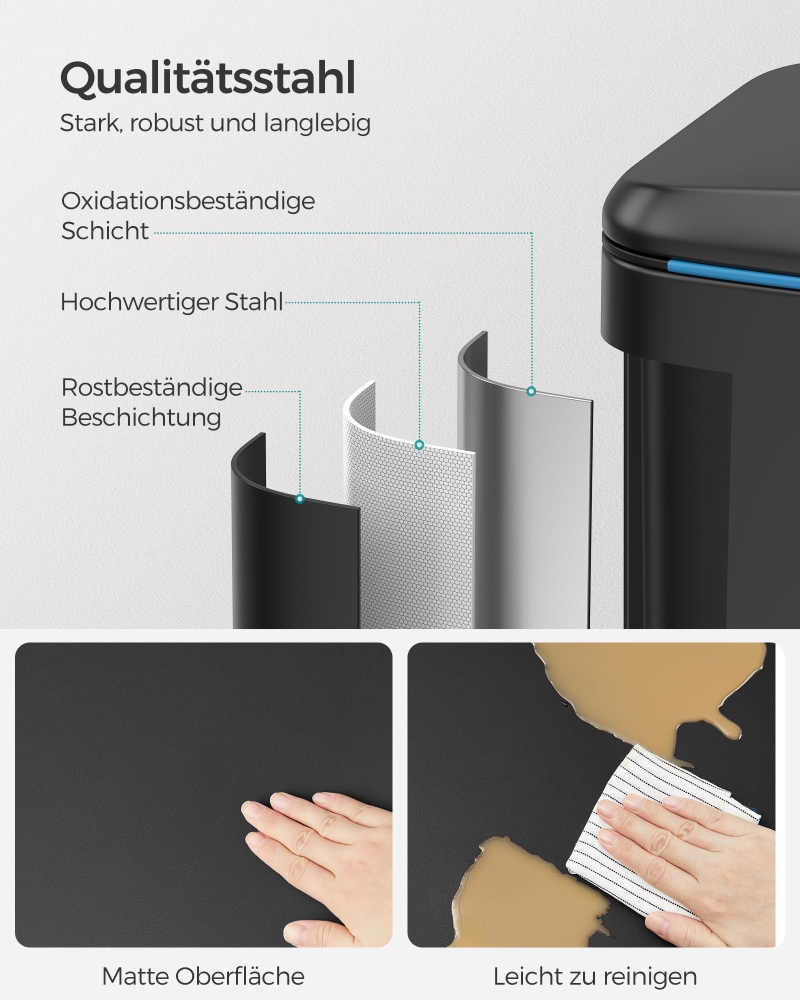 SONGMICS Mülleimer Küche, 2 x 20 L, Mülltrennsystem 2 Fächer, Abfalleimer Metall, Treteimer, Inneneimer aus Kunststoff, Softclose-Deckel, mit Griffen, geruchsdicht, schwarz LTB40B02