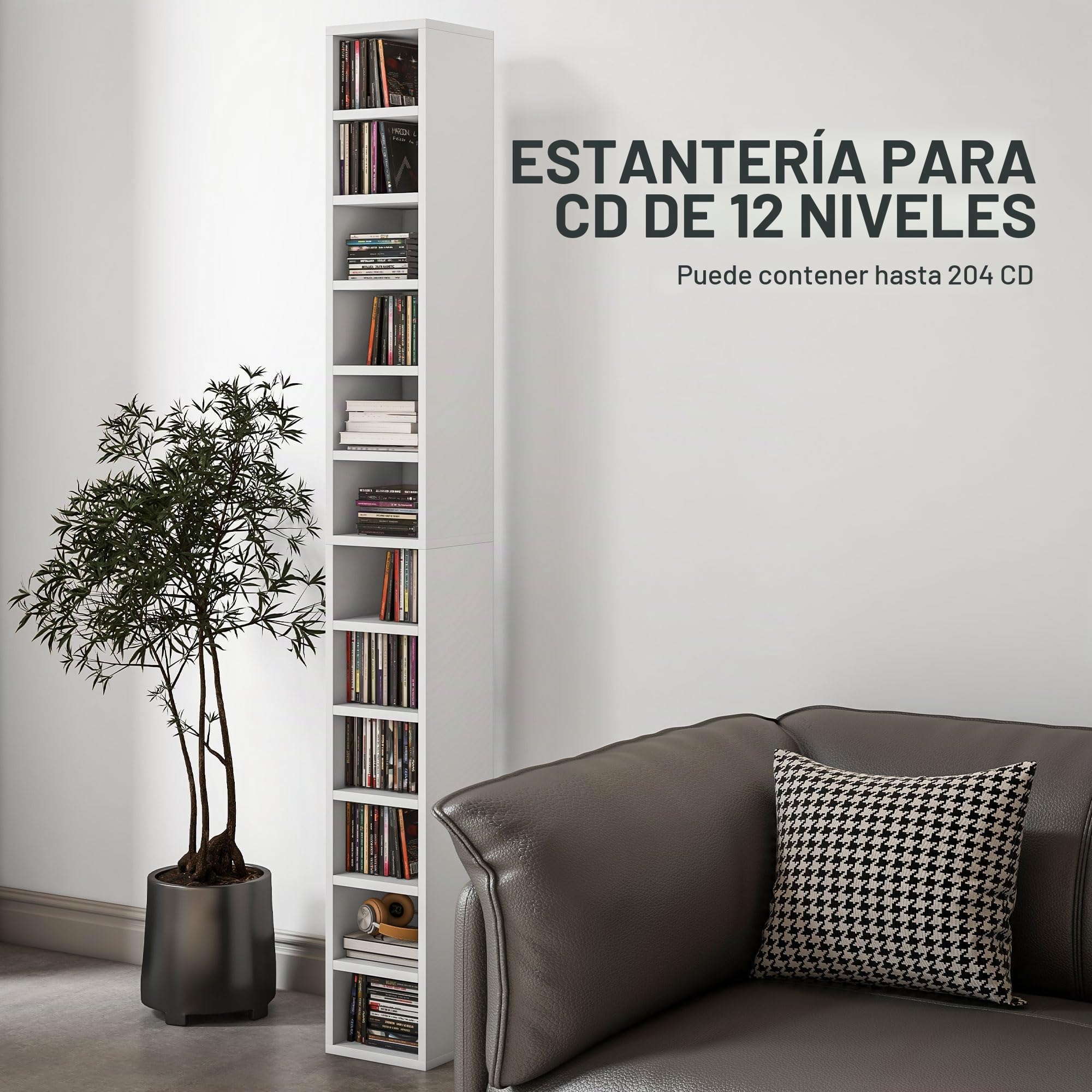 Mueble para CD y DVD HOMCOM, Estante de Columna, Mueble con 12 Compartimentos, Capacidad máx. 204 CD, 21 x 20 x 175 cm, Blanco