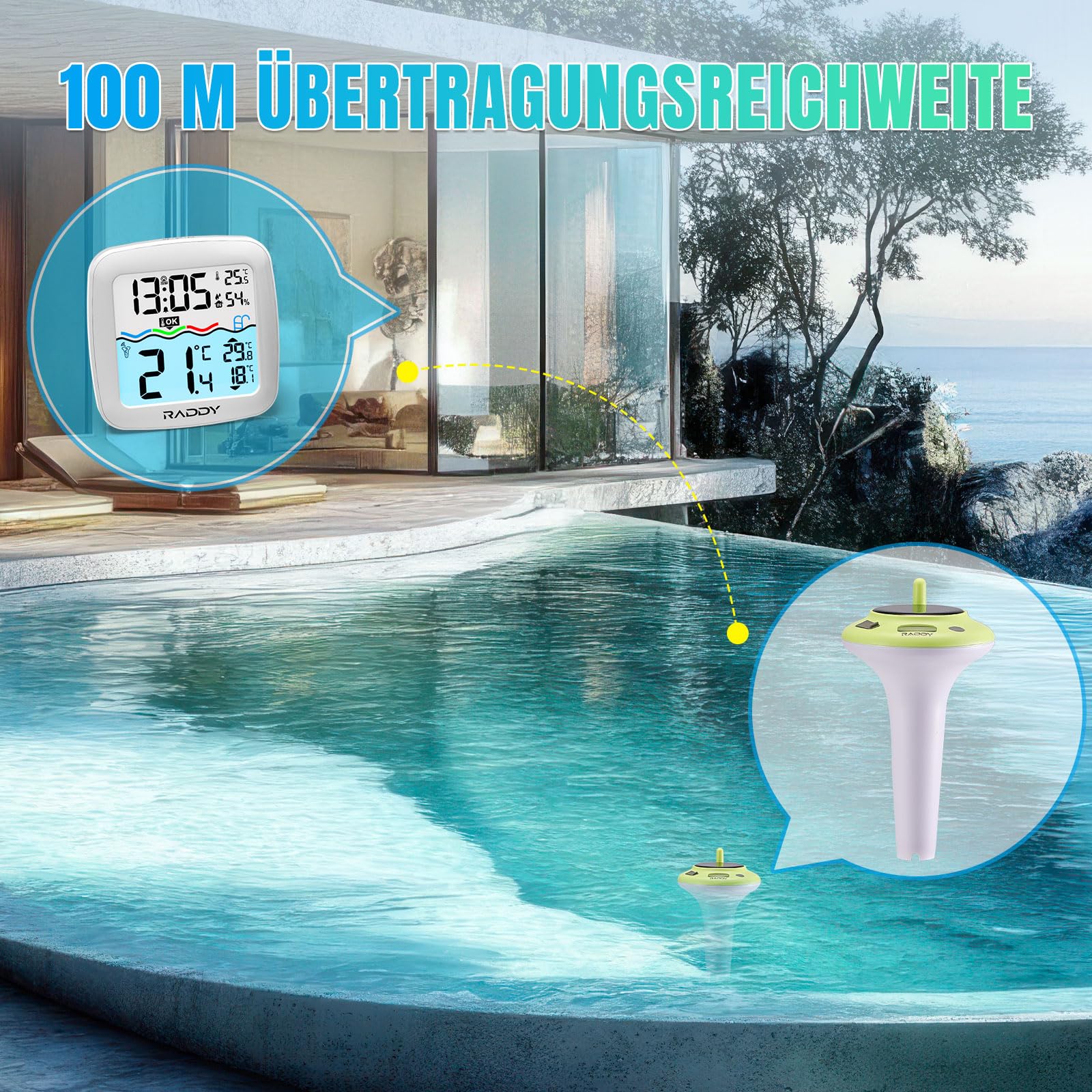 Raddy PT-5 TN Termómetro Inalámbrico para Piscina Flotante, IPX8, Resistente al Agua, Solar y Batería, Termómetro Digital con Temperatura Interior / Exterior y Humedad para Piscina, Jacuzzi, Estanque