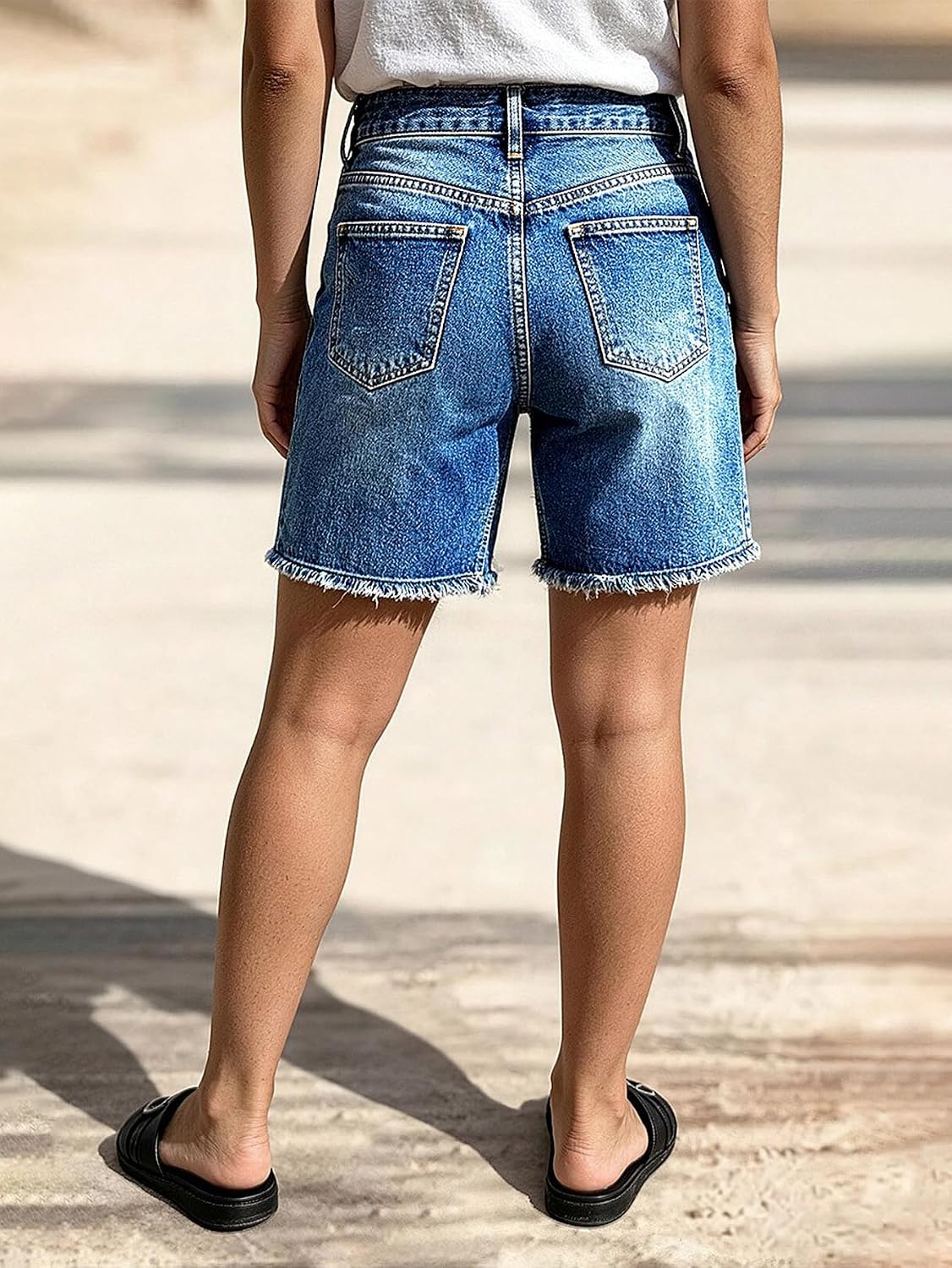 Flamingals High Rise Mid Thigh Denim Shorts for Women Wash Seam Front Raw Hem Dual Button Summer Jean Shorts with Pockets