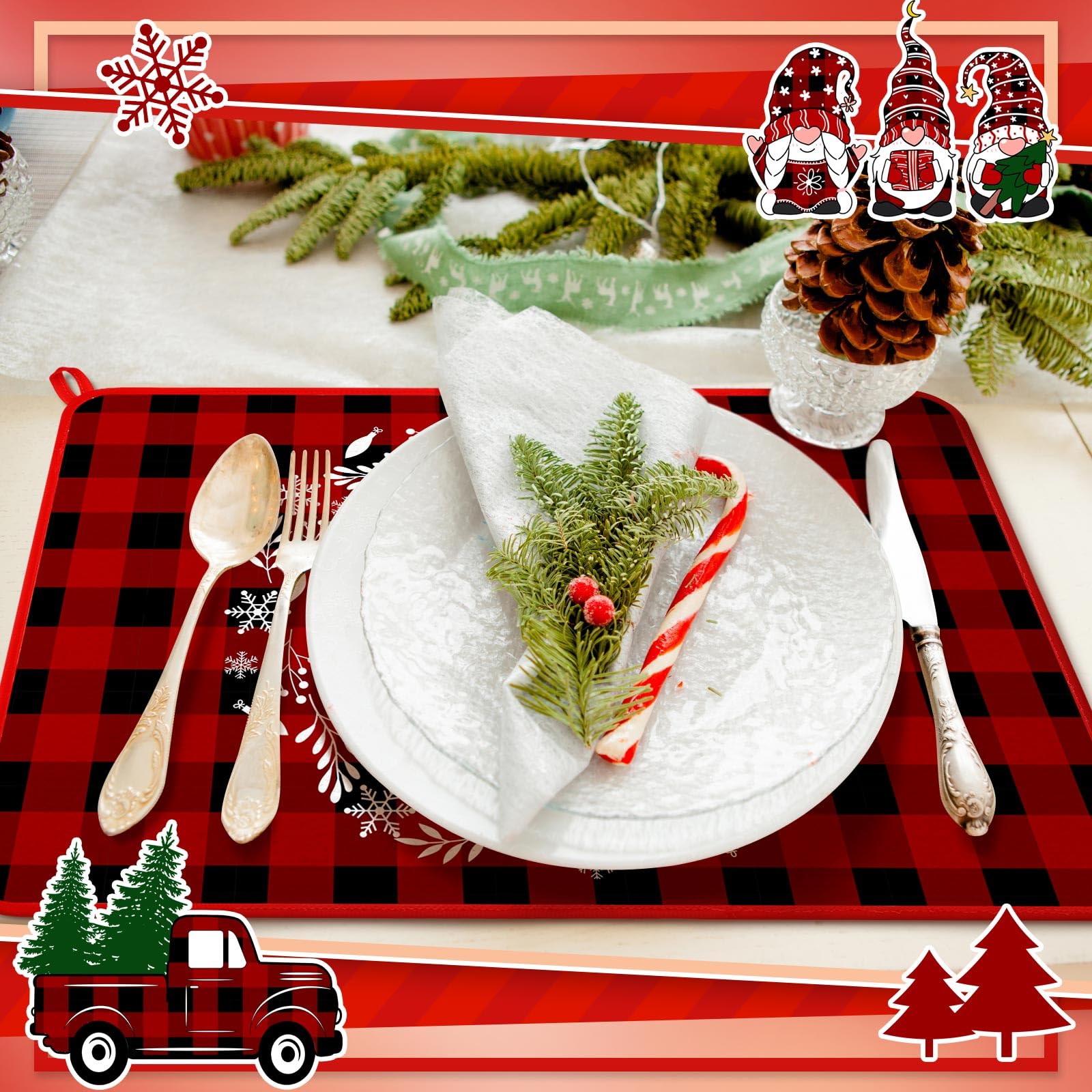 Zonon 4 Pcs Christmas Tree Dish Drying Mat for Kitchen Counter 16 x 24 Christmas Truck Microfiber Absorbent Dish Drainer Rack Pads Buffalo Paid Gnome Dishes Fast Dry Dish Mat Xmas Vintage Kitchen