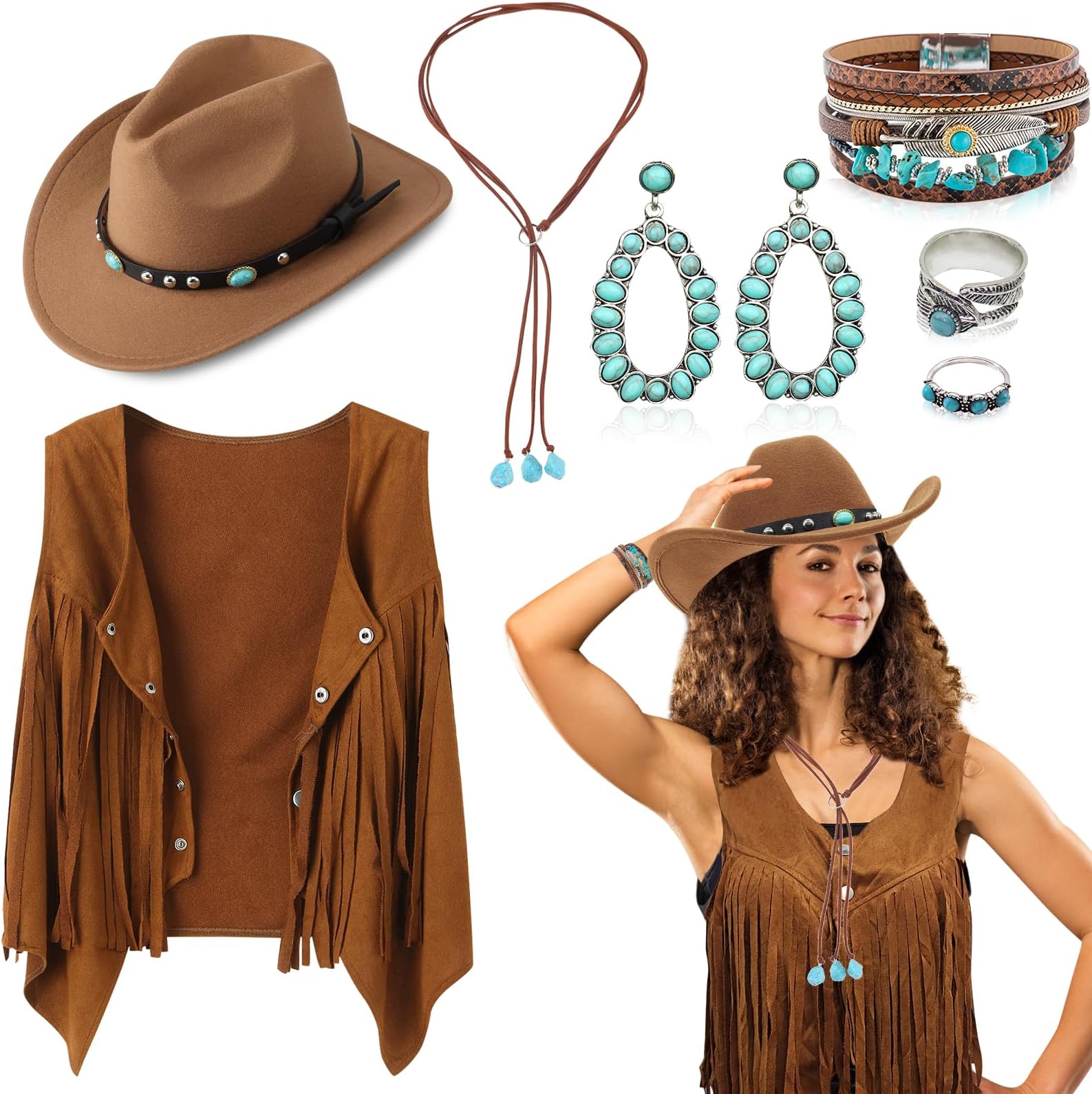7Pcs Western Cowgirl Costume Set, 70s Hippie Fancy Dress Accessories for Women with Tassel Vest Cowgirl Hat Turquoise Necklace Earrings Rings Bracelets for Cosplay Carnival Halloween